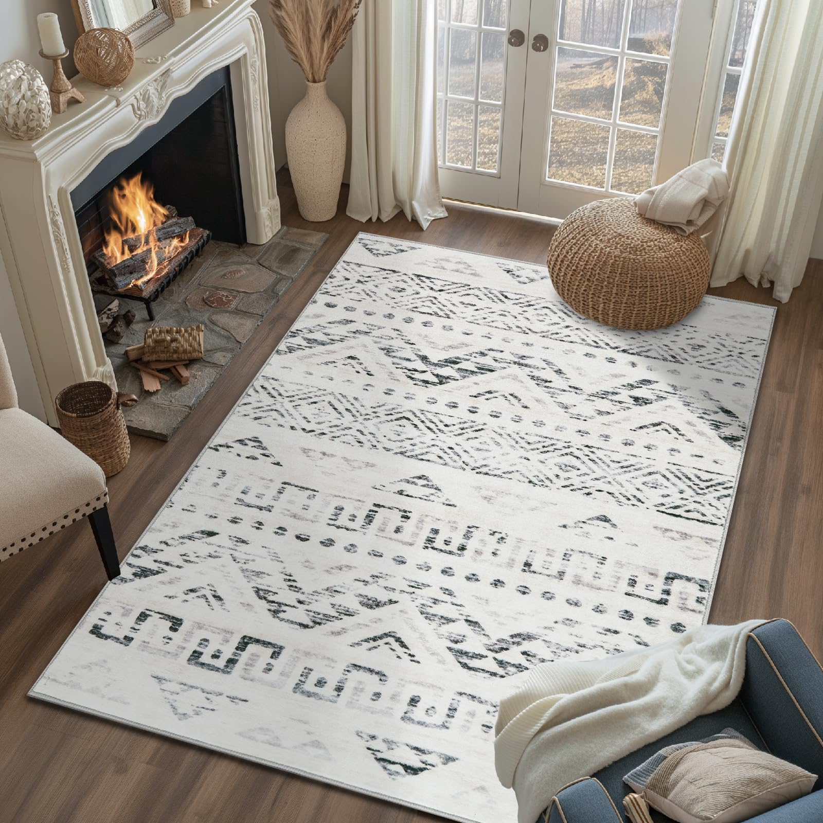 jinchan Boho 3x5 Area Rugs for Entryway - Machine Washable Moroccan Soft Throw Rug Bohemian Diamond Design Non-Slip Carpet for Entrance Living Room