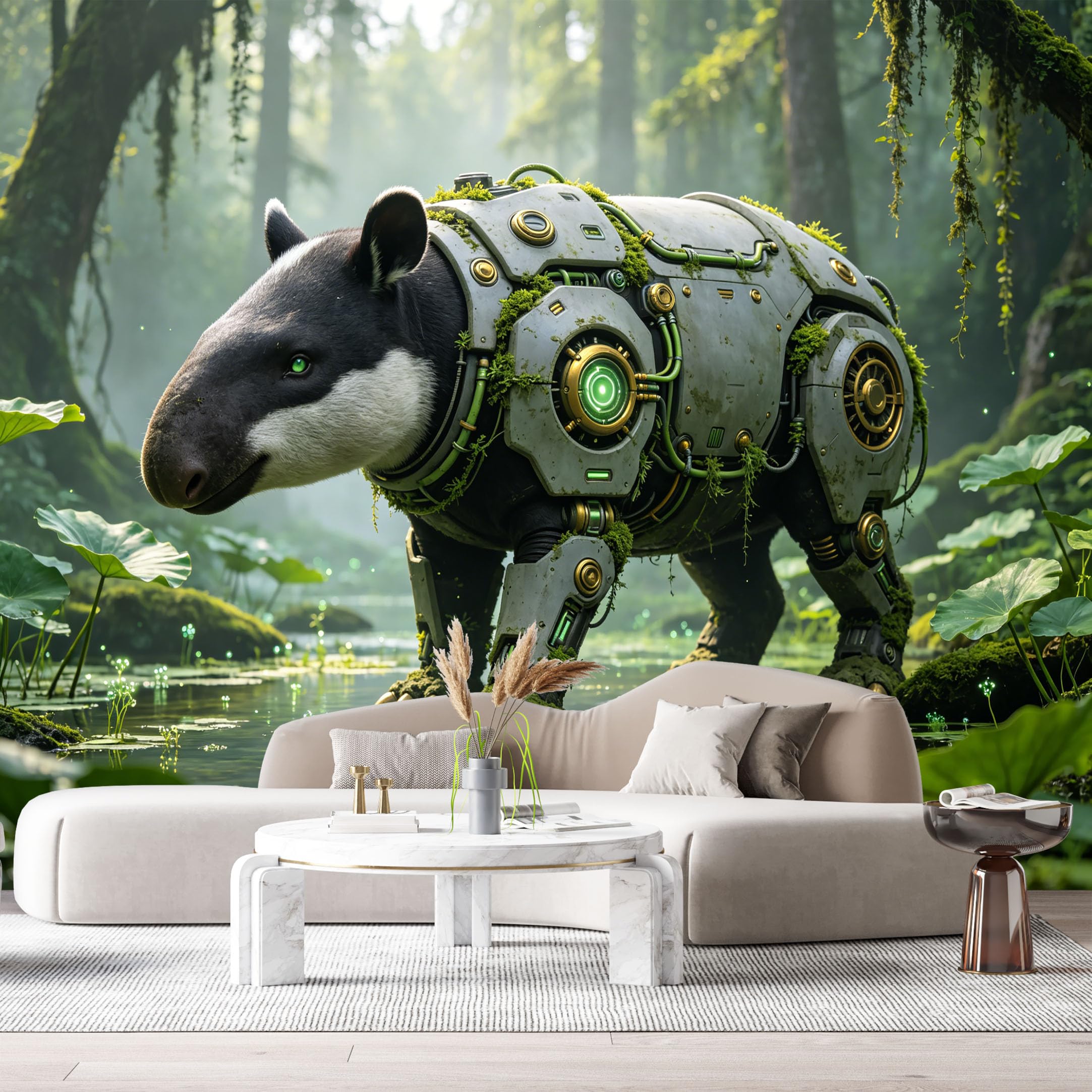 Custom Size Wall Mural Biomechanical Tapir Mech Forest Cyberpunk Nature SciFi Robot Animal Futuristic Jungle Scene SelfAdhesive Art Prints Removable Large Wallpaper Esports Game Room Studio
