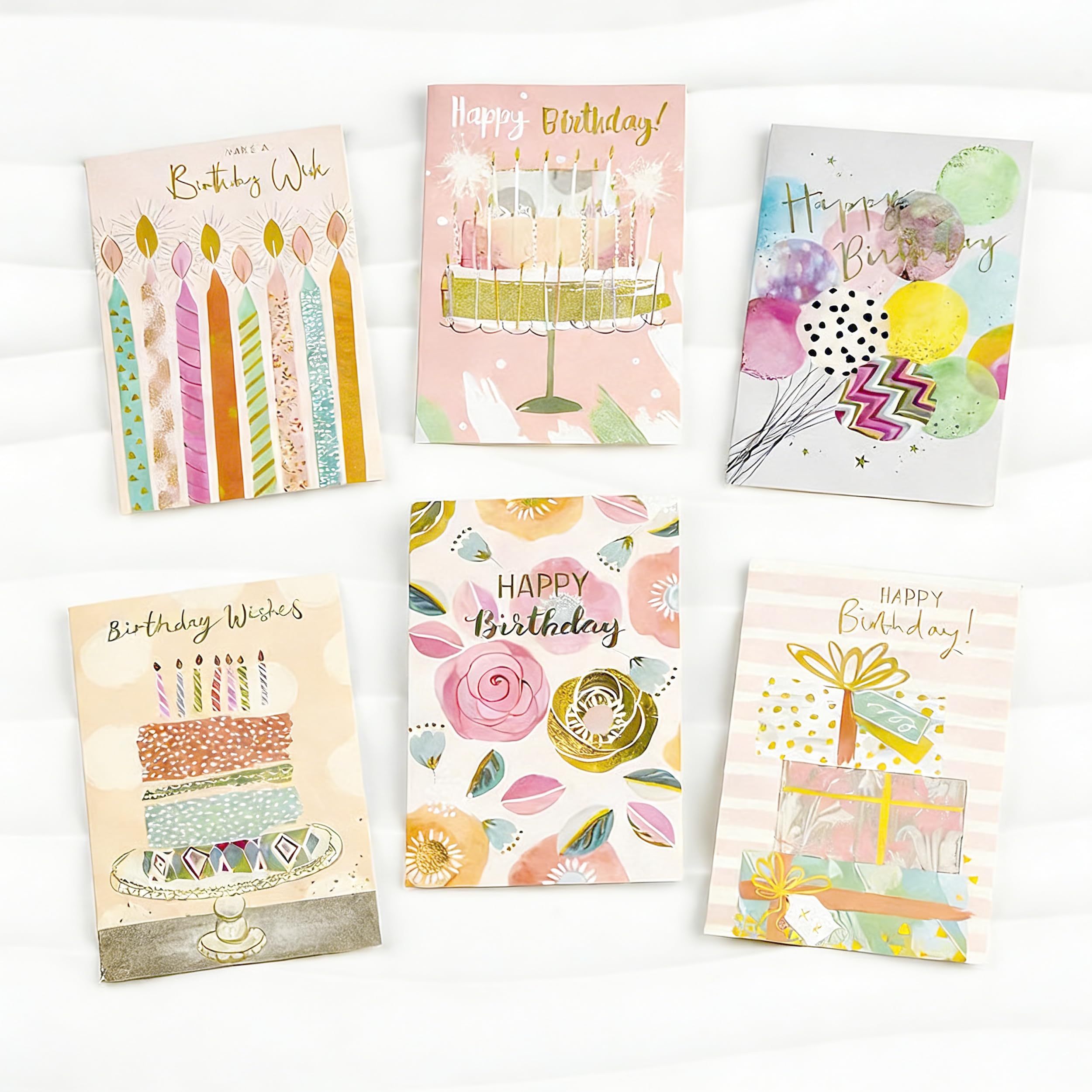 Gold-Foiled Birthday Cards, 6pcs Watercolor Greeting Card Set with Envelopes, Assorted Art Handmade Birthday Card Pack for Women Men Kids, Birthday Party Supplies, Gifts for Family Friends