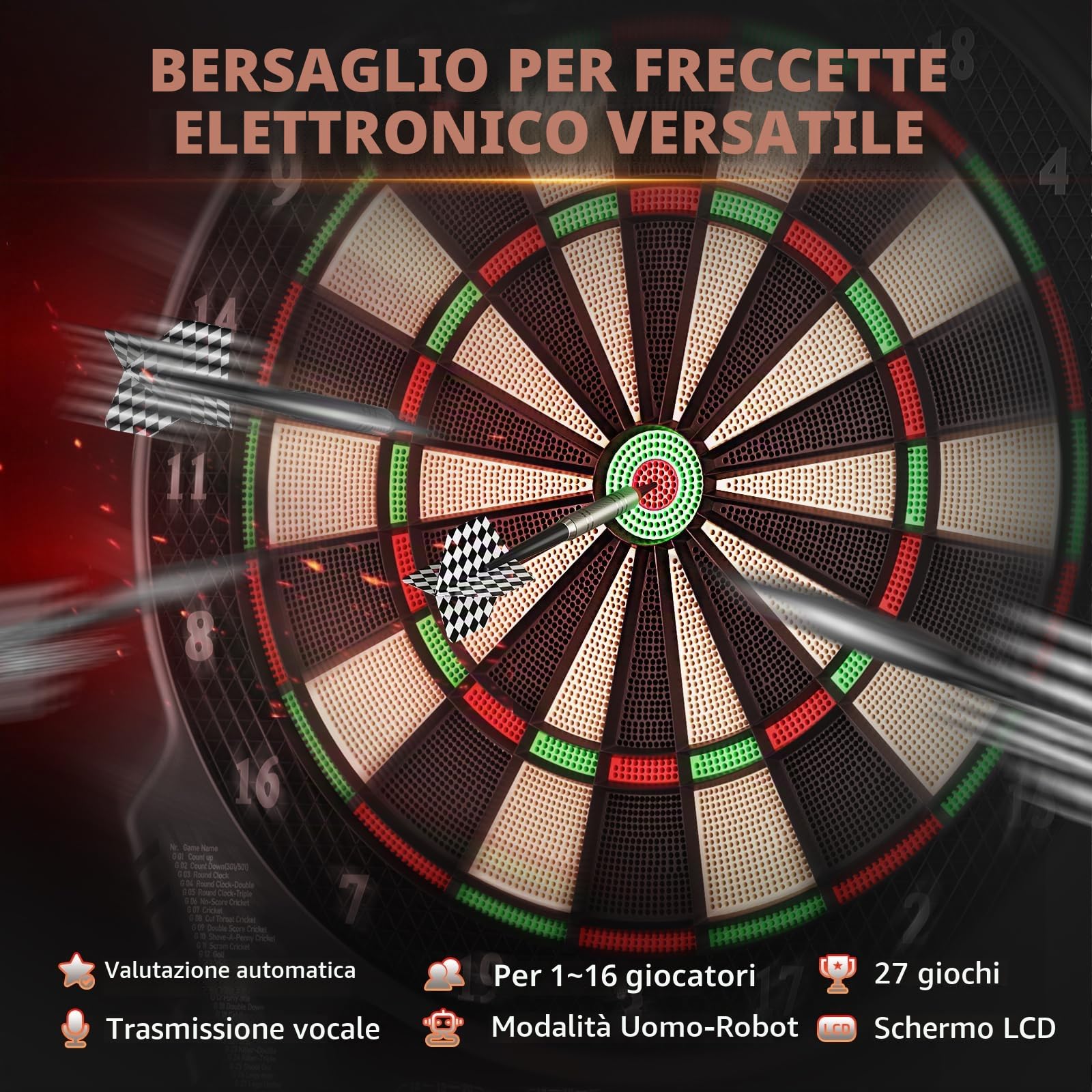 Bersaglio Elettronico Professionale con 6 Freccette con 4 Schermo LCD, Bersaglio Freccette Elettronico offre 27 Giochi e 243 Modi, Rendendolo per Amici, Famiglia, Ufficio e Feste al Pub.