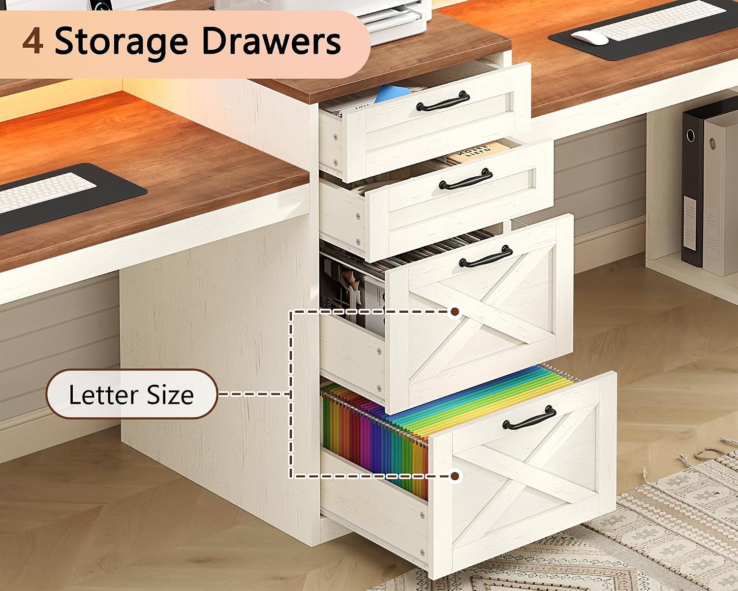 Image showing the four storage drawers, with the bottom two open to reveal Letter-sized file folders.