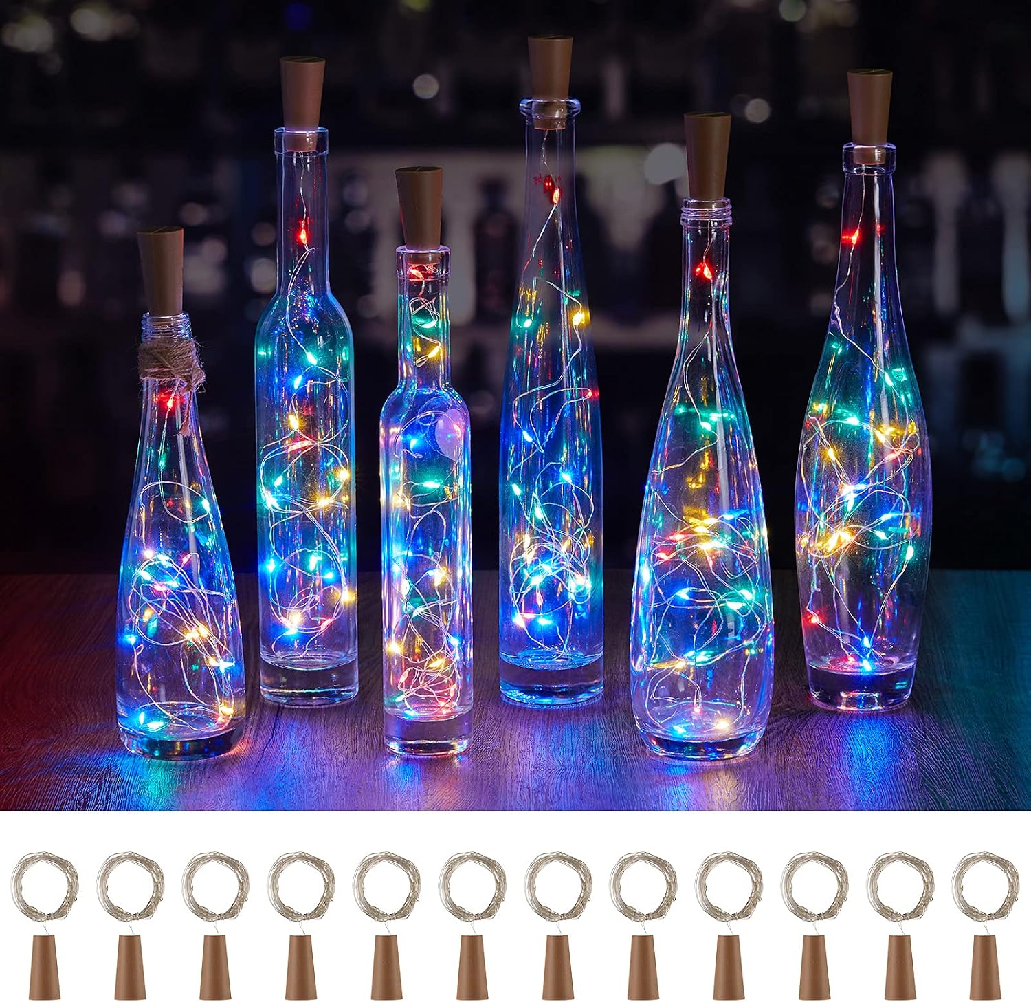 Wine Bottle Lights with Cork, Twinkle Lights 12 Pack 20 LED Waterproof Battery Operated Cork Lights, Silver Wire Mini Fairy Lights for Liquor Bottles DIY Party Christmas Wedding Décor Multicolor
