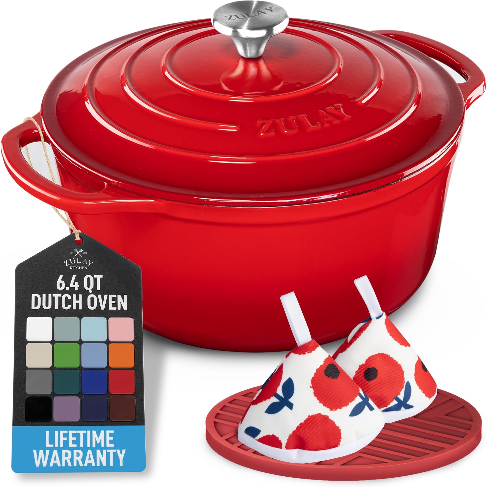Zulay Kitchen 6.4QT Enameled Cast Iron Dutch Oven Pot with Lid, Heavy-Duty Soup Pot for Stews, Braising, Roasting & Sourdough Bread Baking, Oven Safe up to 500°F - Ablaze Red