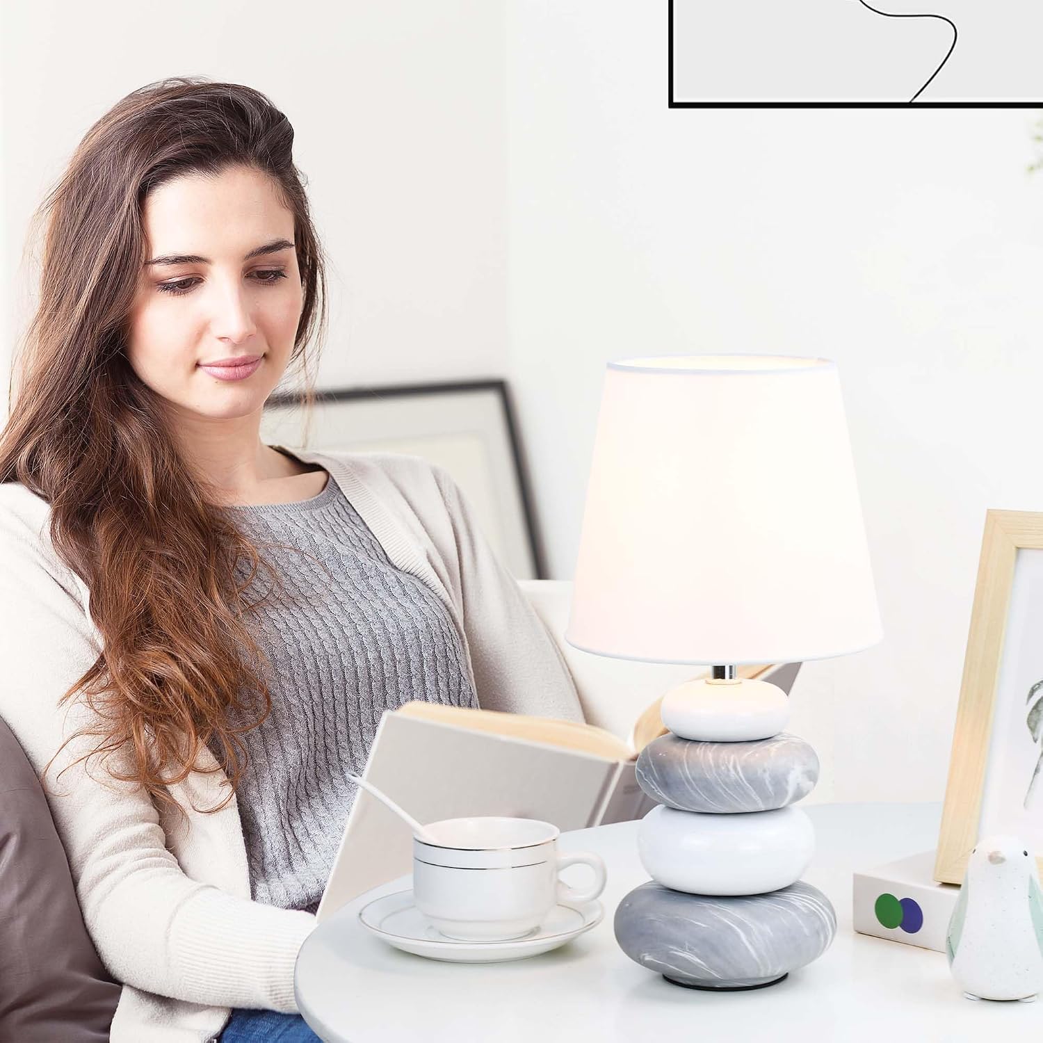 Ange Grey Marble Small Table Lamp for Living Room as Bedside Table Lamp for Bedroom,Modern Ceramic Kids Night Table Lamp,Φ6.5×H12.44IN,Bulb Excluded