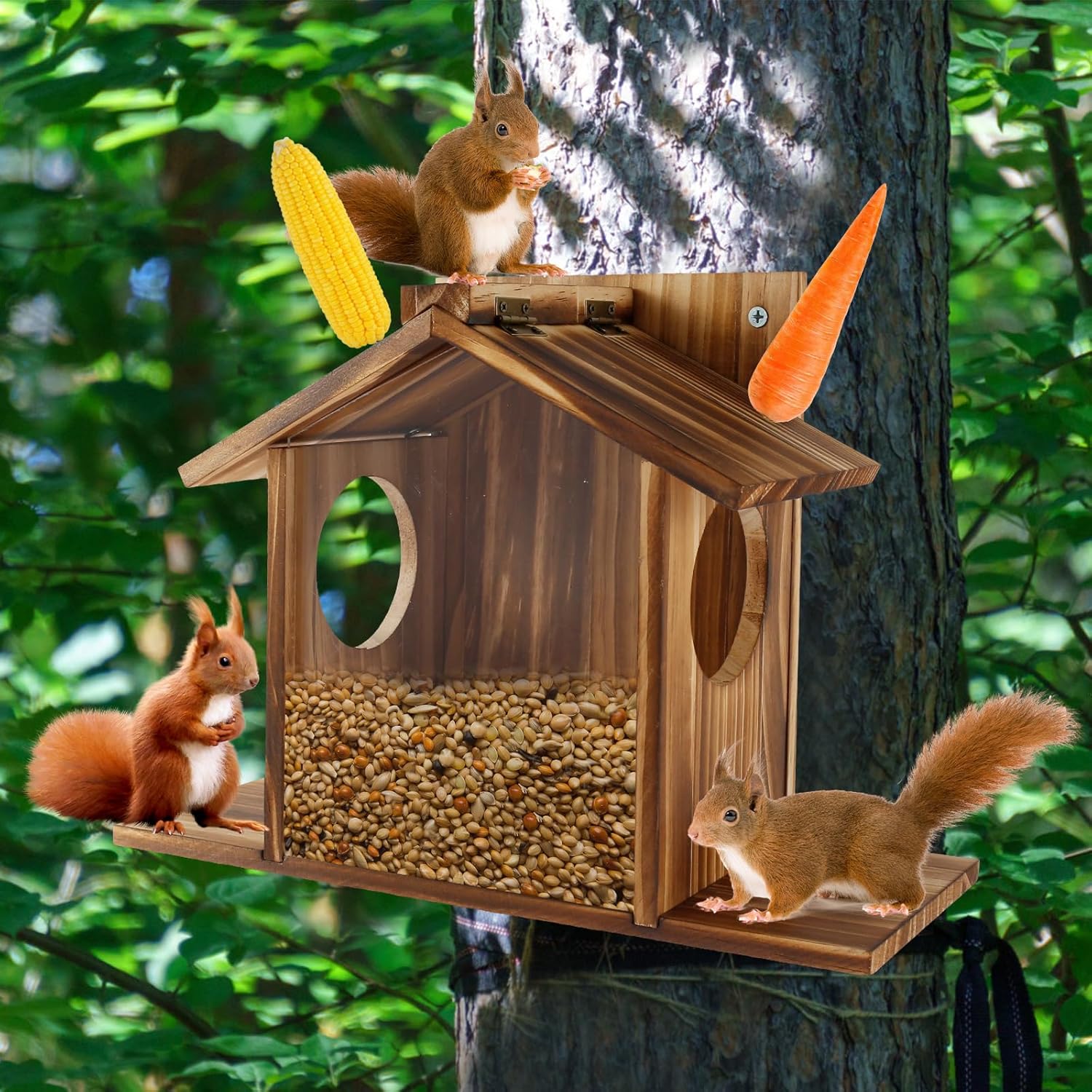 Squirrel Feeder, Wooden Squirrel Feeder, House Large Capacity Squirrel Feeding Stations, Easy to Fill Chipmunk Feeding Station for Corn Peanuts, Outside 32.5x12.5x21cm/13 * 5 * 8.26inch