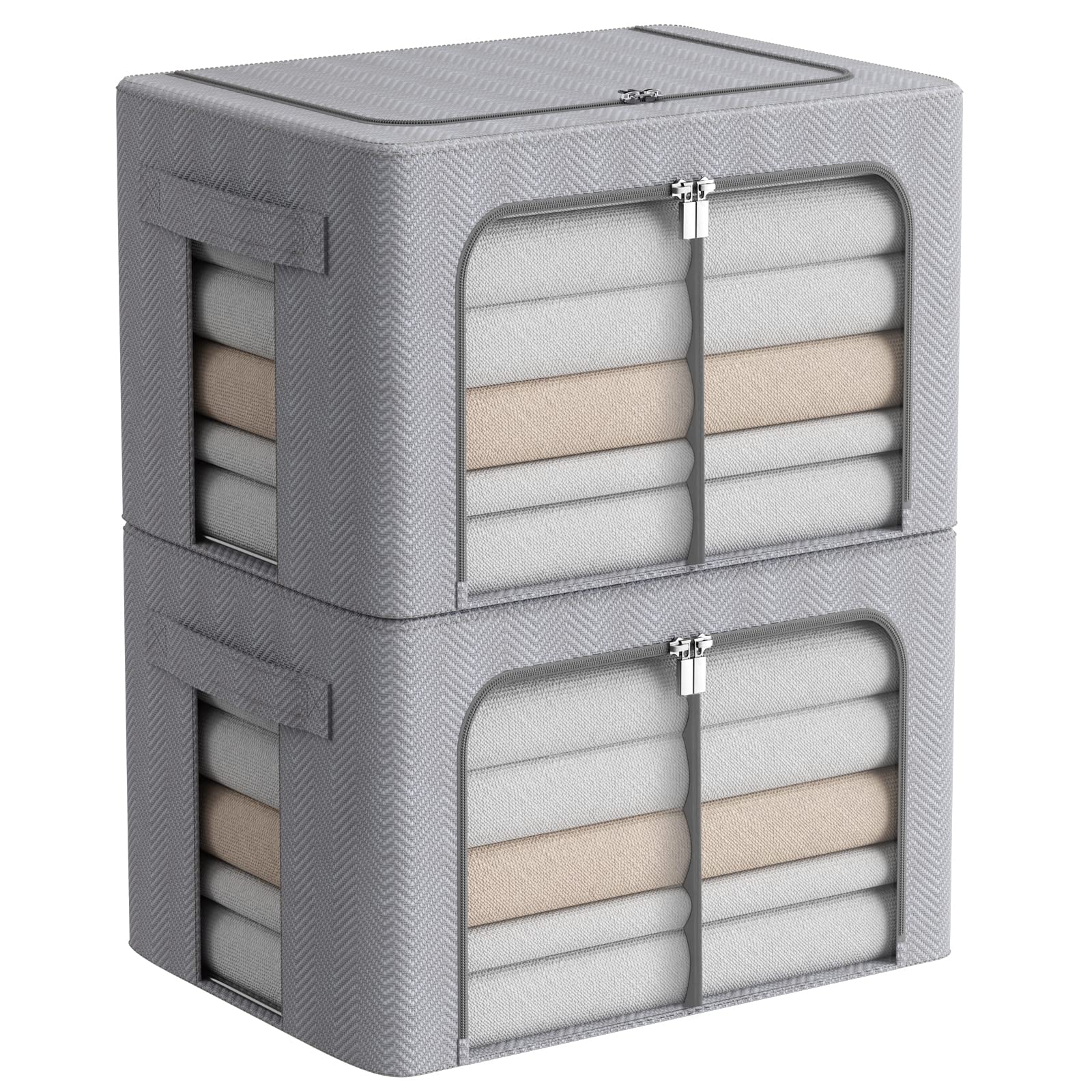 Foldable Clothes Storage Bins 2 Pack,Stackable Metal Frame Clothing Storage Box, Oxford Fabric