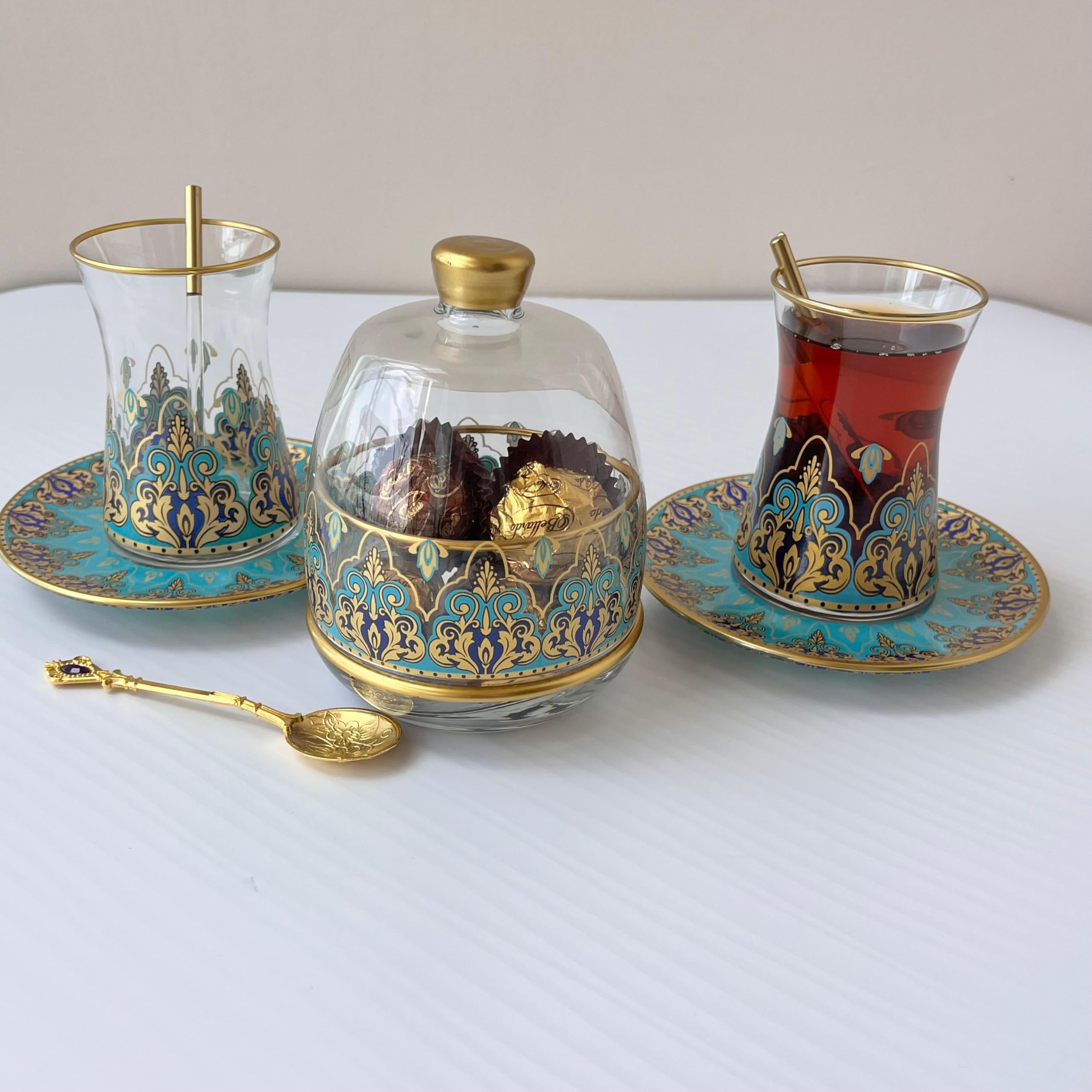 SARNEVA Handgefertigte altmodische Teetassen mit Zuckerdose, ausgefallene türkische Teegläser mit Untertassen, florale Süßigkeitenschale, elegante Gläser für Hochzeitsgeschenke, türkisfarbenes Küche, Haushalt & Wohnen