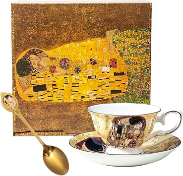 كأس شاي قهوة من السيراميك ومجموعة صحن Gustav Klimt Kiss فخار قهوة كوب وصحن ، طبق عصير حليب هدية عيد ميلاد للمكتب والمنزل
