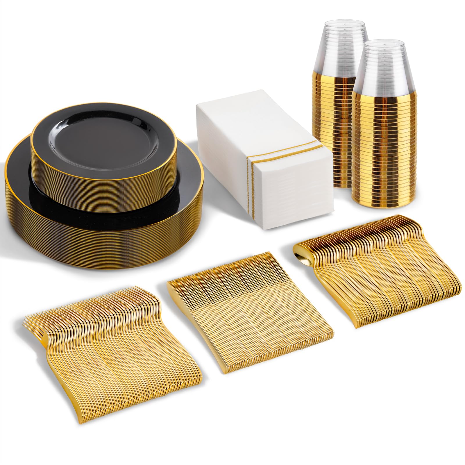 SUT 175 Piece Black and Glod Plastic Dinnerware Set for 25 Guests, Disposable Plastic Plates, Include: 25 Dinner Plates, 25 Dessert Plates, 25 Pre