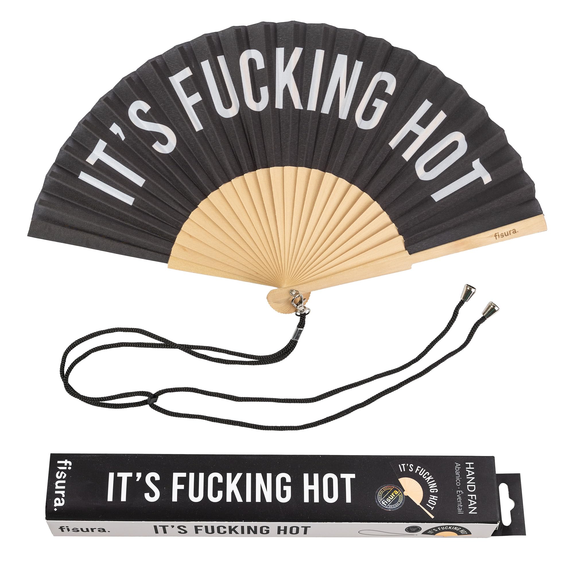 Fisura – Original folding fan with message “F*cking hot”. Black wooden handheld fan for women. Lightweight accessory for raves, weddings, birthdays, festivals, parties and fun gift ideas.
