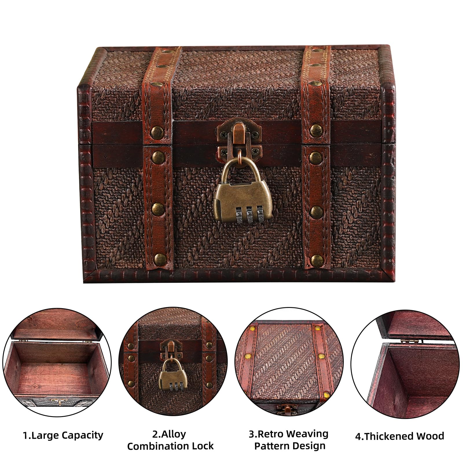 Cofre del Tesoro de Madera Vintage con Cerradura de Combinación, Cofre del Tesoro Pirata Niños con Candado, Pequeño Caja de Madera para Collares, Pendientes, Anillos, Pulseras
