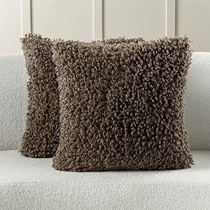 FUTEI Chocolate Decorative Throw Pillow Covers 16x16 Inch Set of 2,Soft Fluffy Faux Wool Fur Boucle Textured Cushion Case,Modern Home Decor for Couch Bed Living Room Office