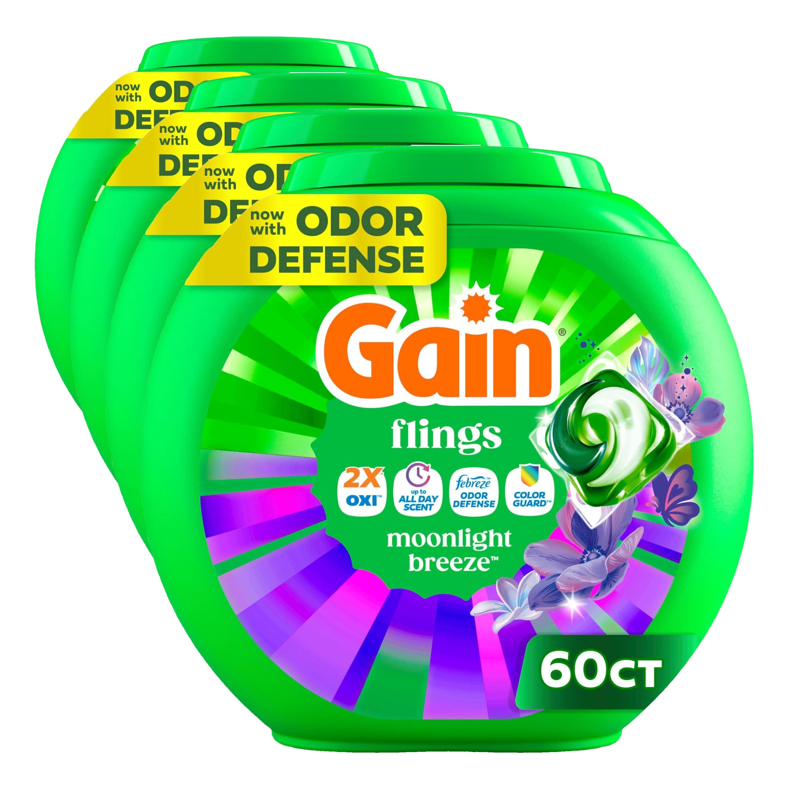 Gain Flings Liquid Washing Detergent Pacs with Odor Defense + Color Guard, Moonlight Breeze Scent, 4-In-1 Liquid Laundry Detergent Pods, Clean &amp; Fresh (Packaging May Vary), 60 Count (Pack of 4)