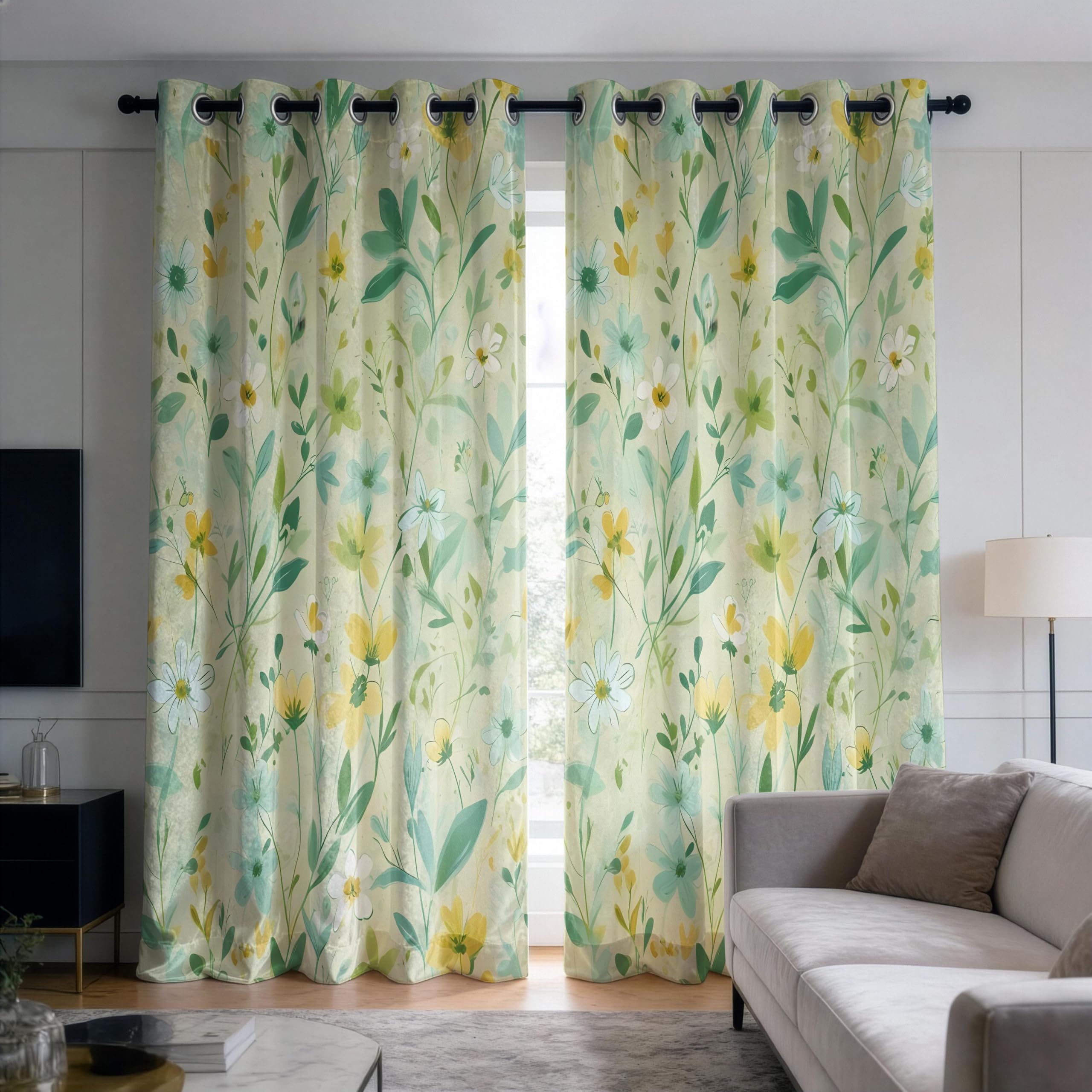 IKDZCM Floral Blackout Curtains for Bedroom, Yellow Flowers Drapes, Botanical Window Drapes 2 Panels for Living Room(WxH/2x140x180cm)