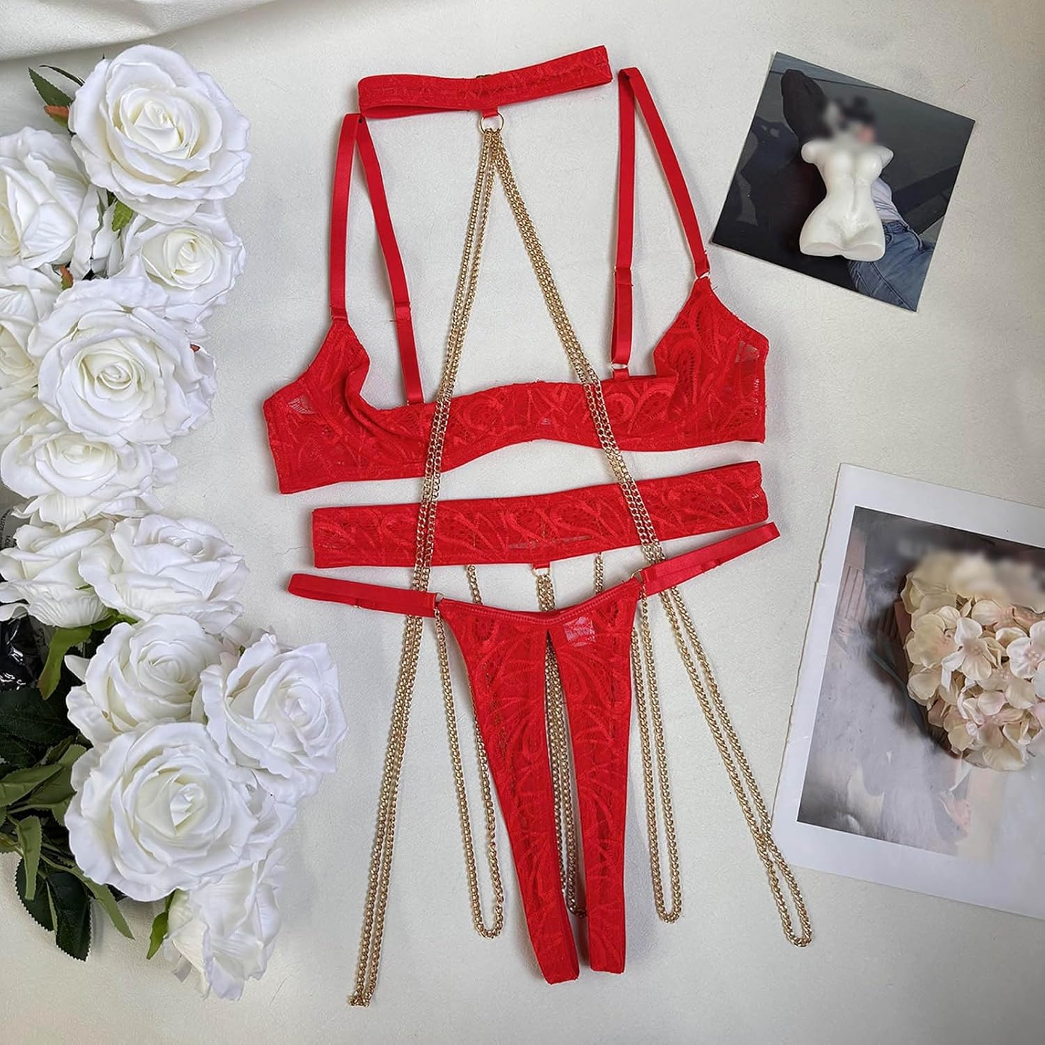 女性用重工業チェーン付きRストラップセックス下着セックス下着セット ブラ ショーツ セット サテン2268