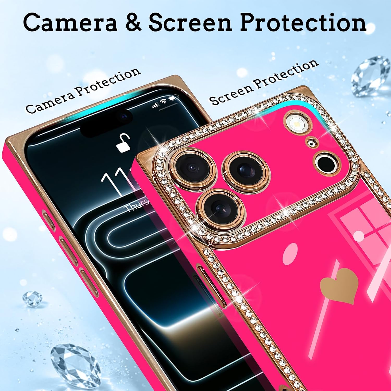for iPhone 17 Pro Case, with Screen Protector, Rectangle Cute Heart Plating Pattern Glitter Diamond Rhinestone Cover, Shockproof Lightweight for Women Girls, Red