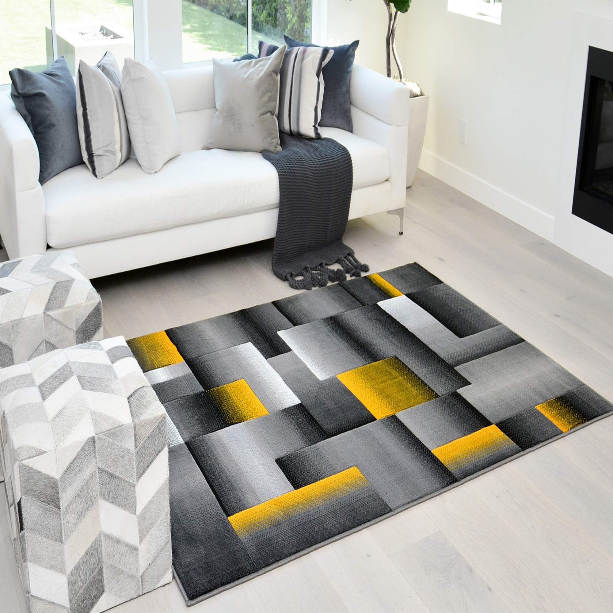 HR Rug in Orangish Yellow - Premium Quality Orangish Yellow/Black/Gray Abstract Geometric Modern Squares Pattern Area Rug - Contemporary Styling for Living Room, Bedroom - Unique Home Décor