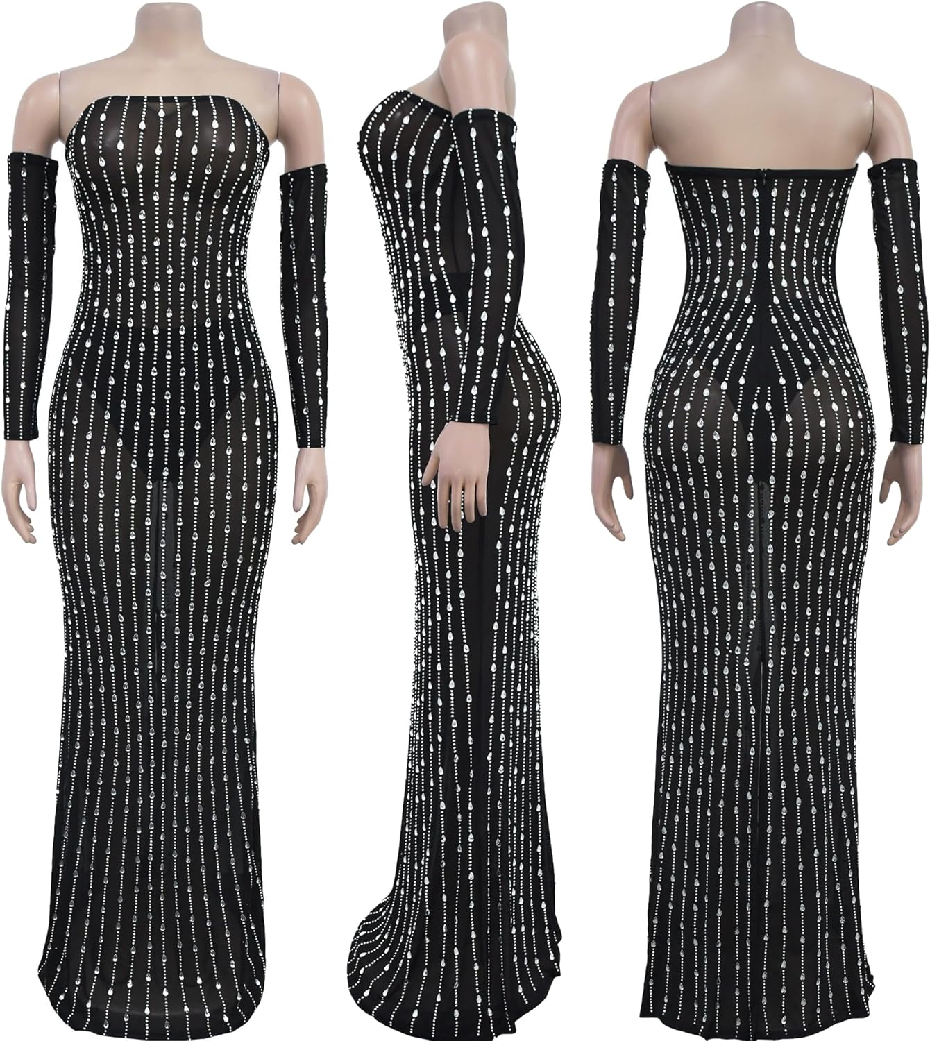 PORRCEY Women's Hot Drilling Craft Sexy Long Sleeve Mesh See Through Party Club Night Rhinestone Dress - Image 5