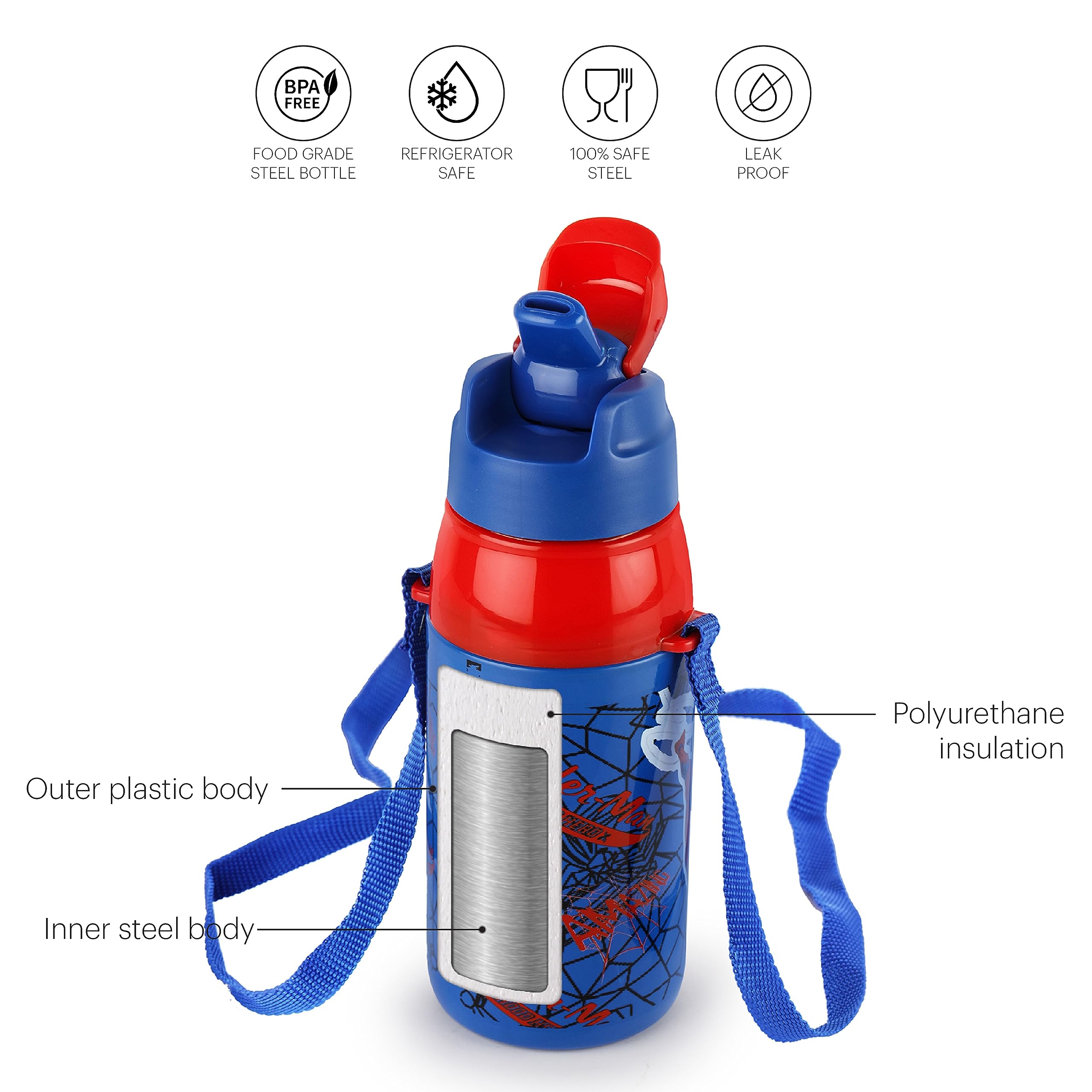 CELLO Puro Steel-X Hydra Kid 400 Inner Steel Insulated Water Bottle 400ml, Blue | Spiderman Print | ISI Certified, Leakproof | Easy to Carry with Loop | Insulated Cold Water Bottle for School, Picnic 1