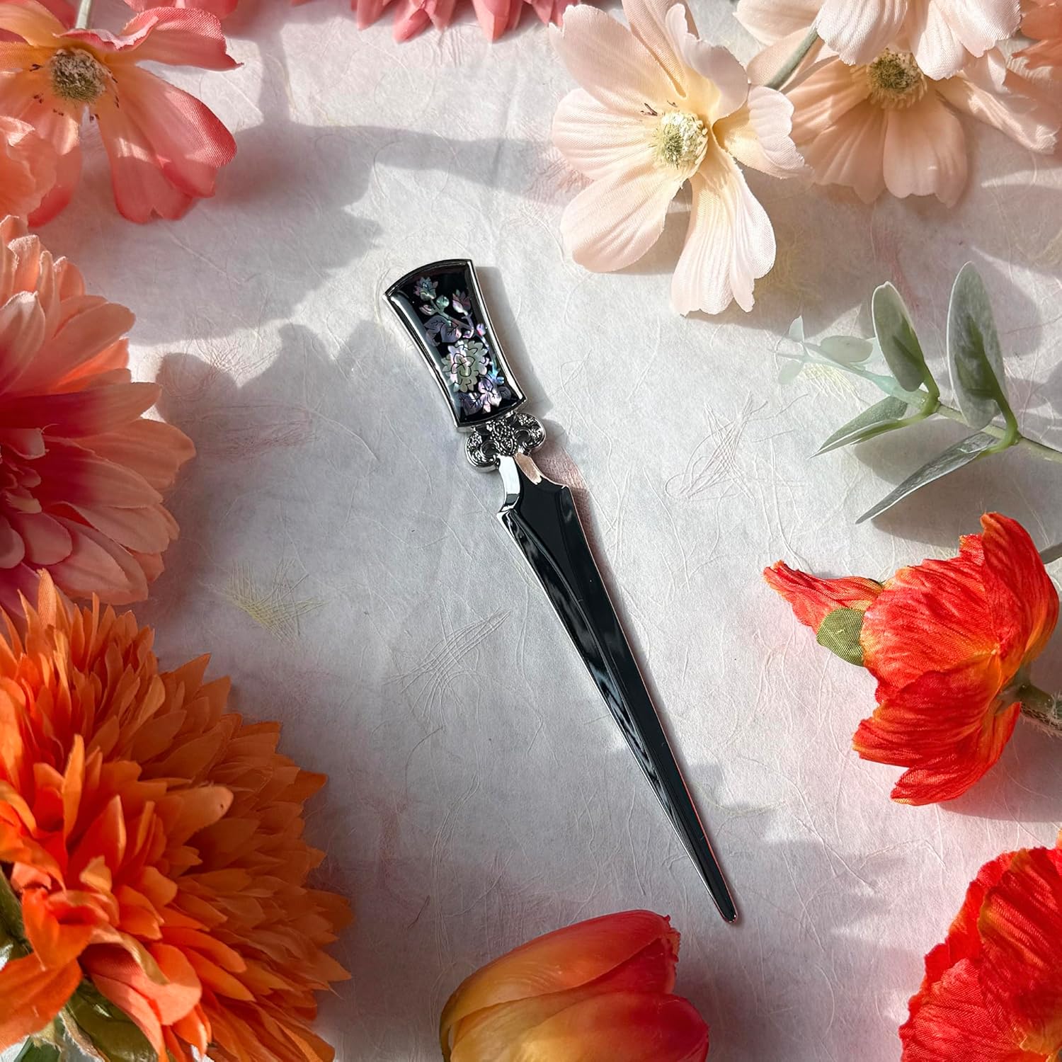 Inlay with Mother of Pearl Metal Steel Office Knife Hand Cutter Blade Envelope Letter Opener (Hydrangea)