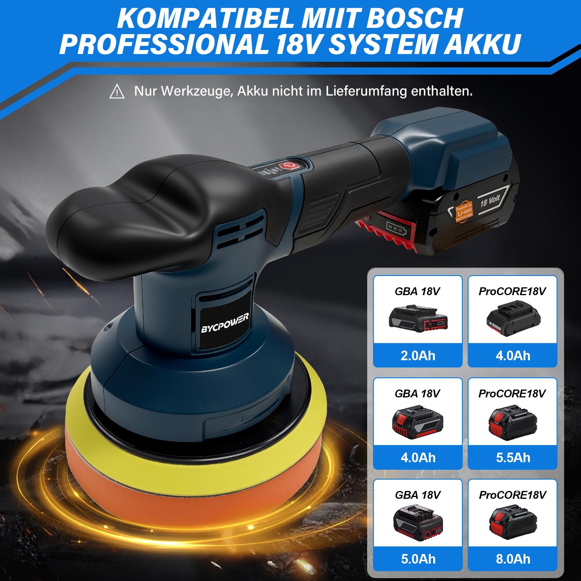 Poliermaschine Akku 150mm für Bosch Professional 18V, 6 Zoll Exzenter Polierer mit 3 Gängen (550-6000 U/min), 21-tlg. Auto Polierset für großflächige Autopflege & Lackkorrektur (Ohne Akku)