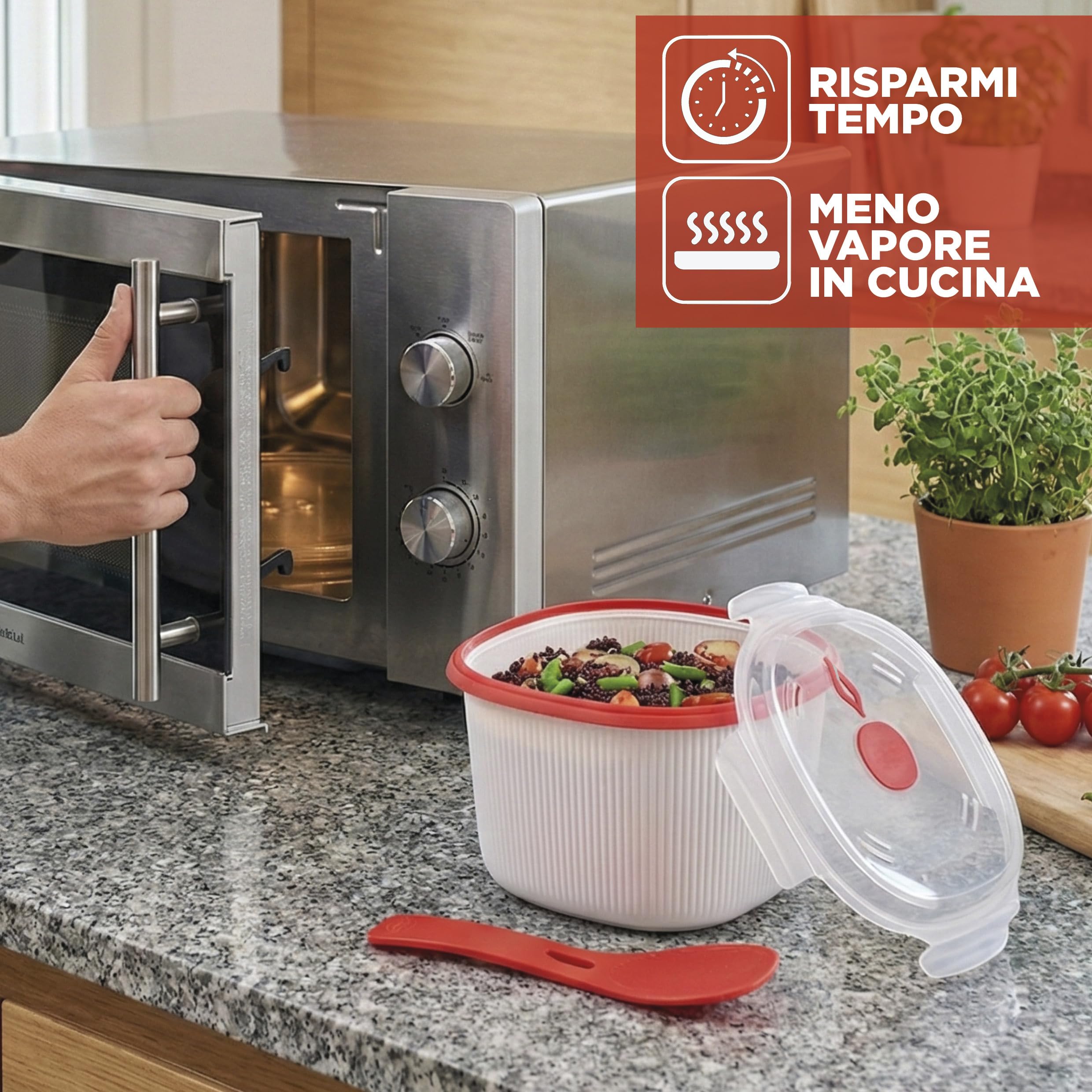 Snips - Cuociriso e Cereali Microonde, Rice Cooker 2,70L con Vassoio Amido e Spatola Inclusi - Contenitori per Alimenti 20x20,5x14,50 - Cuoci Riso Contenitore Microonde Bianco Made in Italy - 5