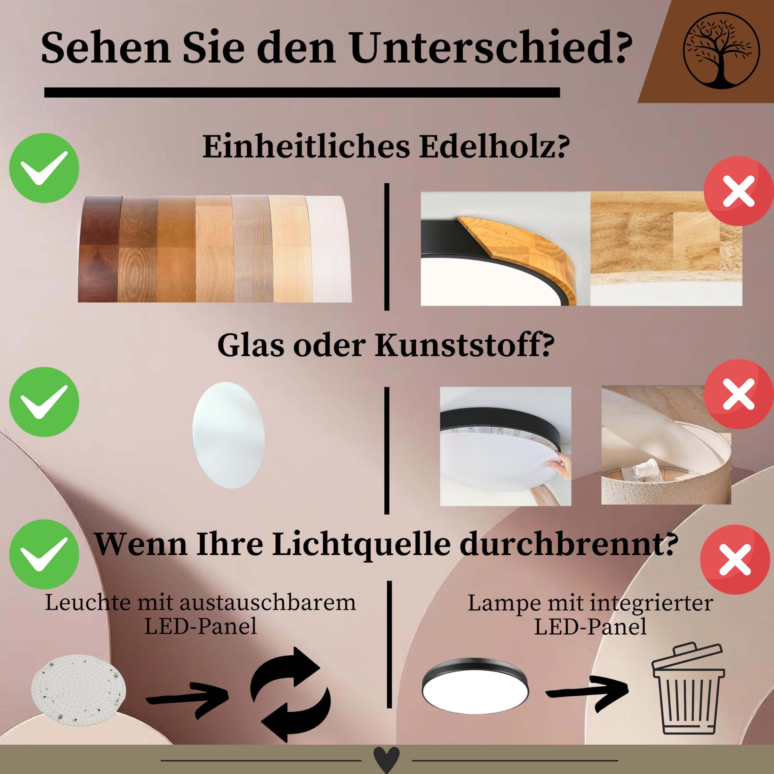 Schlafzimmerlampe - Runde Holz Deckenlapme Eiche LED 24W-4000K (∅37 cm) - Modern Beige Deckenleuchte für, Wohnzimmer, Flur, Küche - Stilvolle Eichenholz LEJA