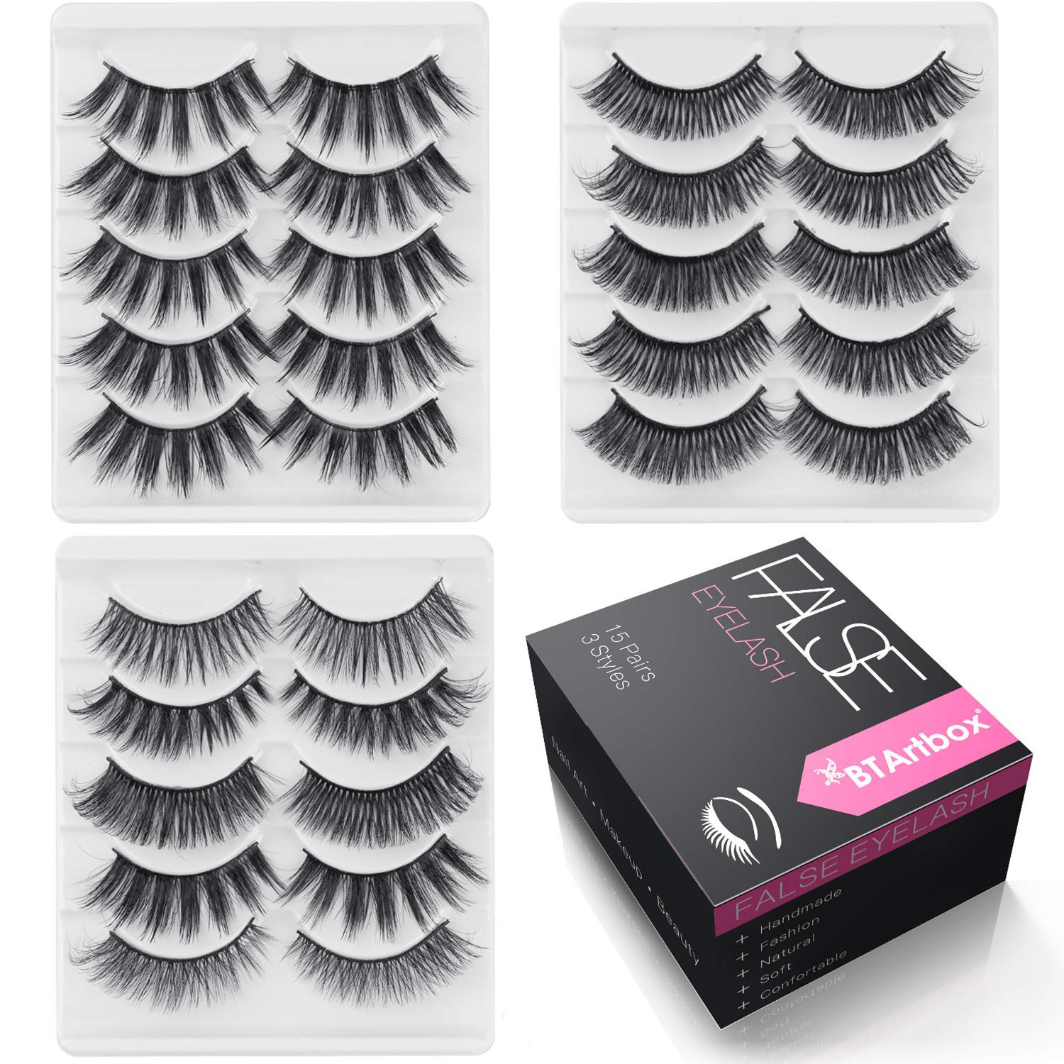 Natural False Eyelashes Lashes Pack - 15 Pairs 3 Styles Fake Eyelashes Wispies Lashes BTArtbox 3D Cross Reuseable Handmade Soft Eye Lashes, J-02