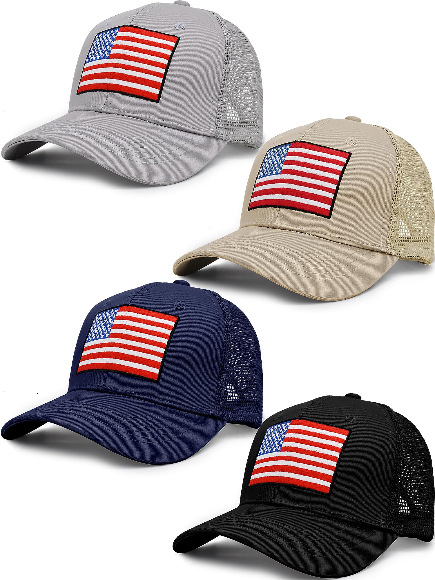 ROLVNHTV 4 Pcs American Flag Hats for Men USA Trucker Hat Patriotic Mesh Back Hat 4th of July Baseball Cap American Flag Cap Breathable Adjustable Golf