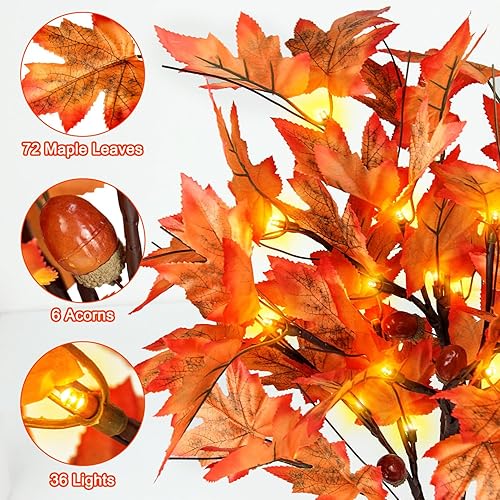 Miniatura 3 de Remon Árbol de arce de otoño iluminado de 24 pulgadas, lámpara de mesa de Acción de Gracias de 2 pies con 36 luces LED, 72 hojas de arce, 6