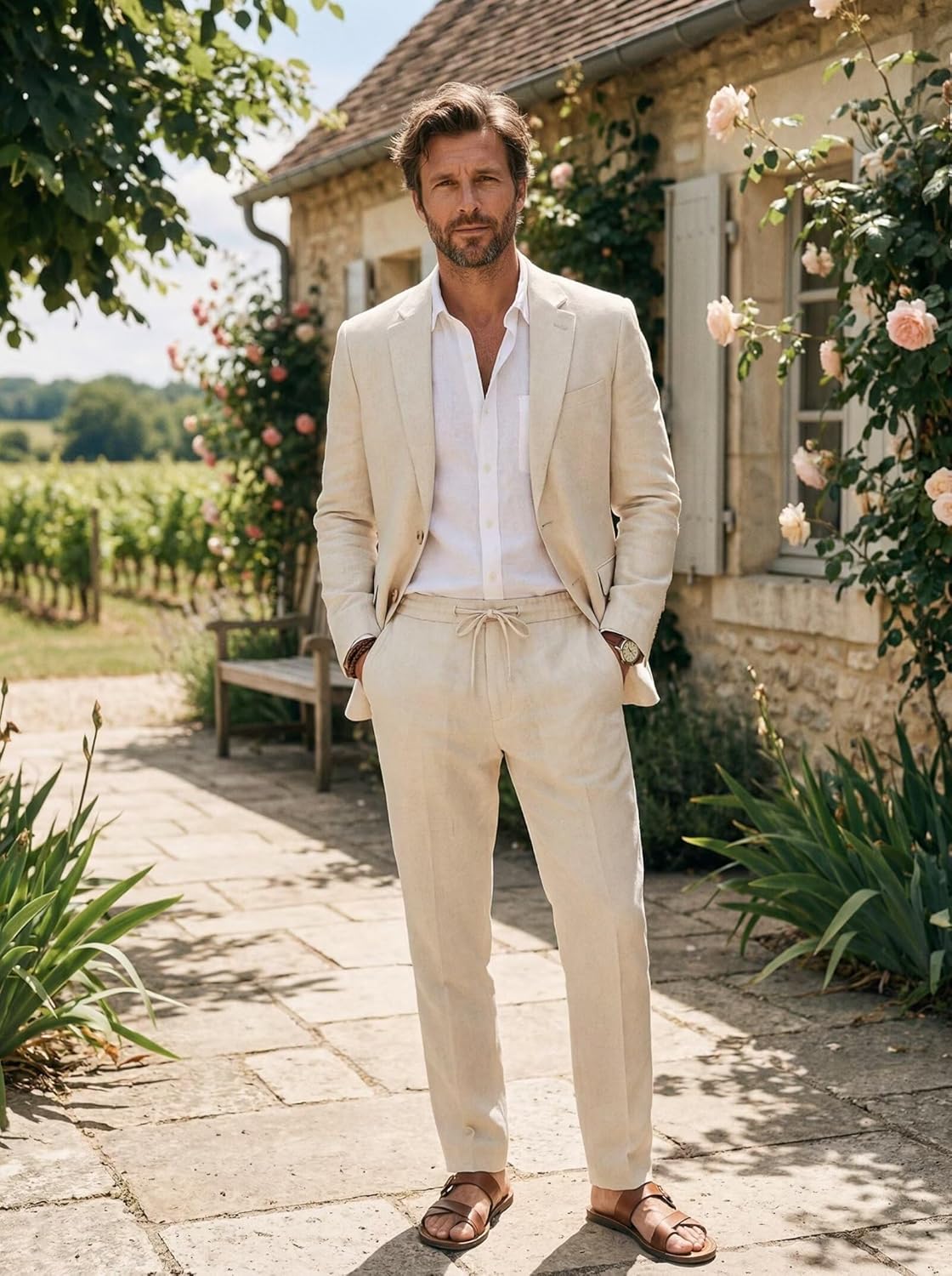 Men's Linen Suits 2 Piece Casual Regular Fit Linen Blazer Jacket and Pants for Summer Beach Wedding - Image 6