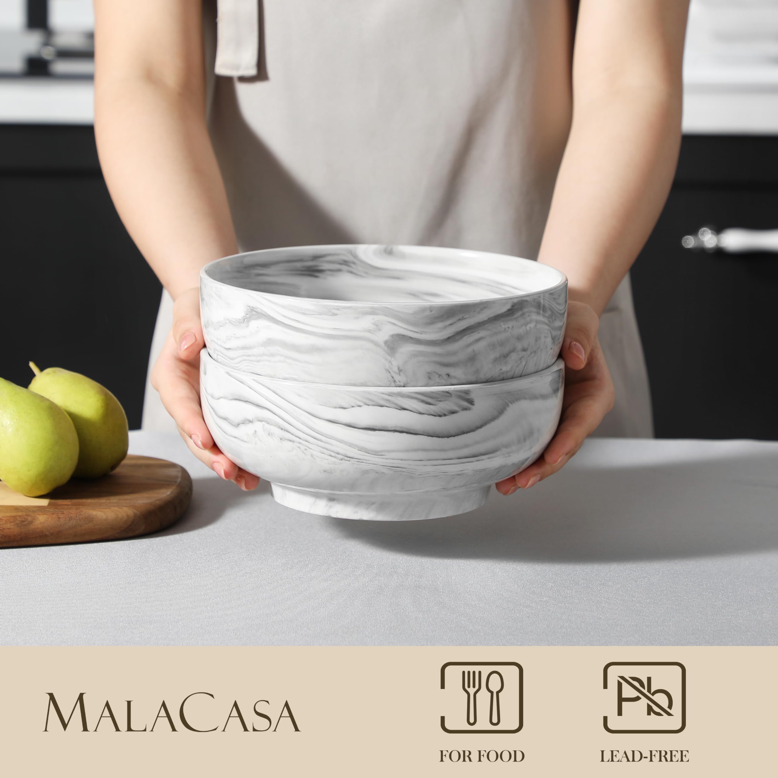 MALACASA Série REGULAR Saladiers en Porcelaine Marbre 1780ml, 2 Grands Bols en Ceramique pour Soupe Pâtes Salade Nouilles Fruits, 20,4cm Bols Rondes Passe au Micro-ondes et au Lave-vaisselle