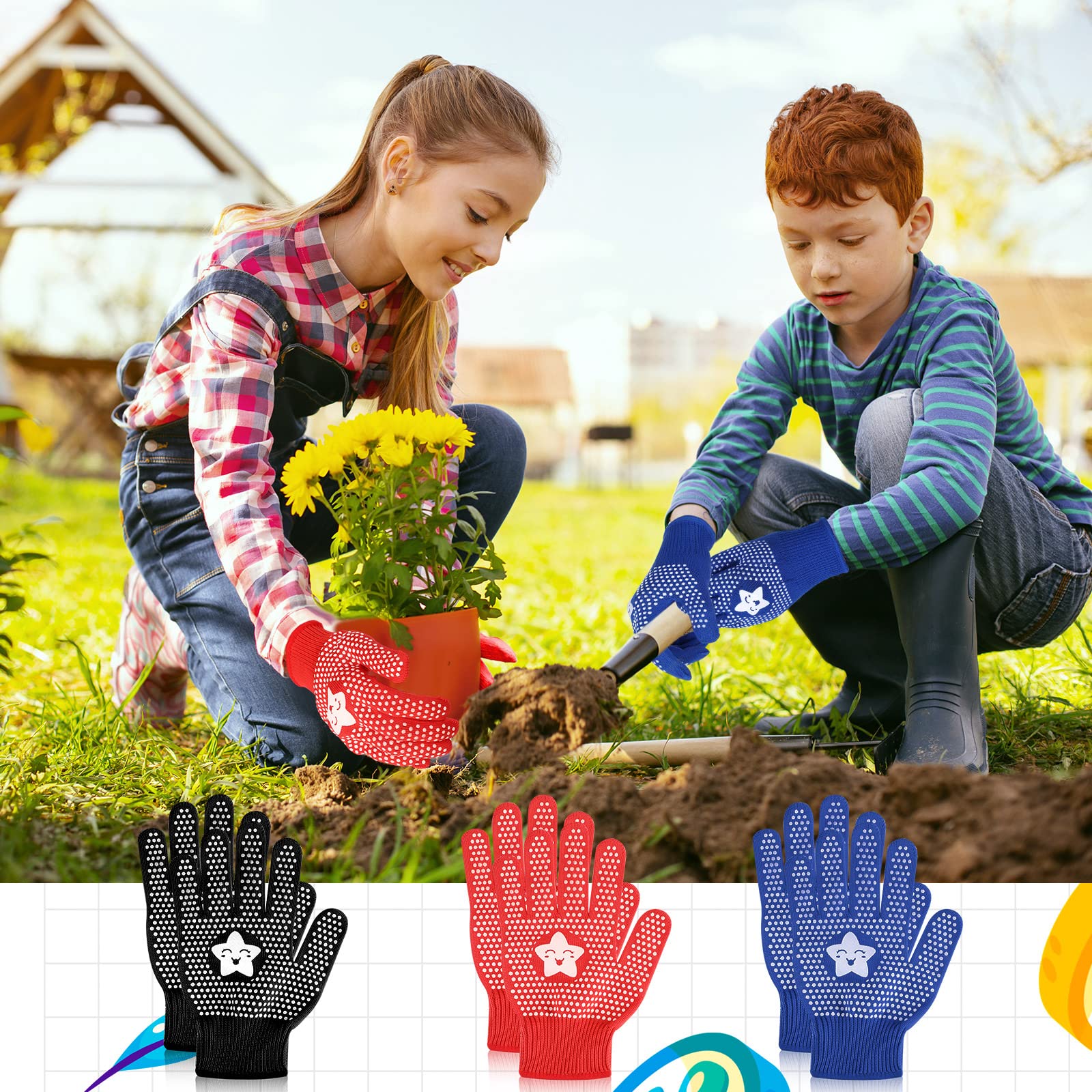 Jeyiour 50 paia di guanti da giardinaggio per bambini, guanti da lavoro antiscivolo rivestiti in gomma, guanti da giardinaggio per bambini (3-6 anni)