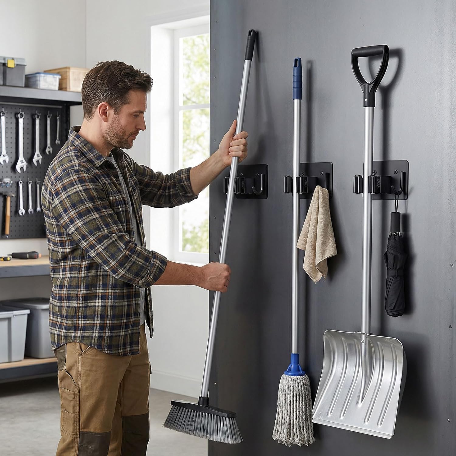 4pcs Magnetic Broom Holder Wall Mount, 12.13lbs Heavy Duty Mop and Broom Organizer, No Drill Tool Gripper for Garage Home Office Tool Organizer, RV & Living Room Essential (Black)