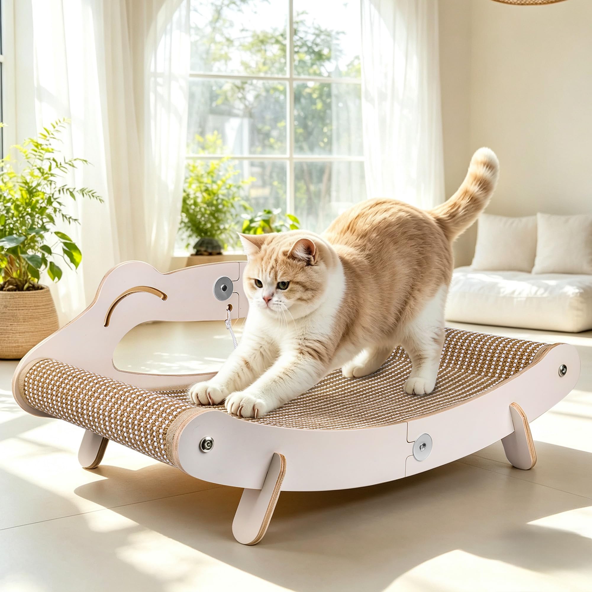 Sisal Cat Scratching Bed - 3 in 1 Curved Scratching Lounge with Hanging Toy, Extra Large 60x32x22cm Wooden Scratching Pad and Sisal for All Indoor Cats