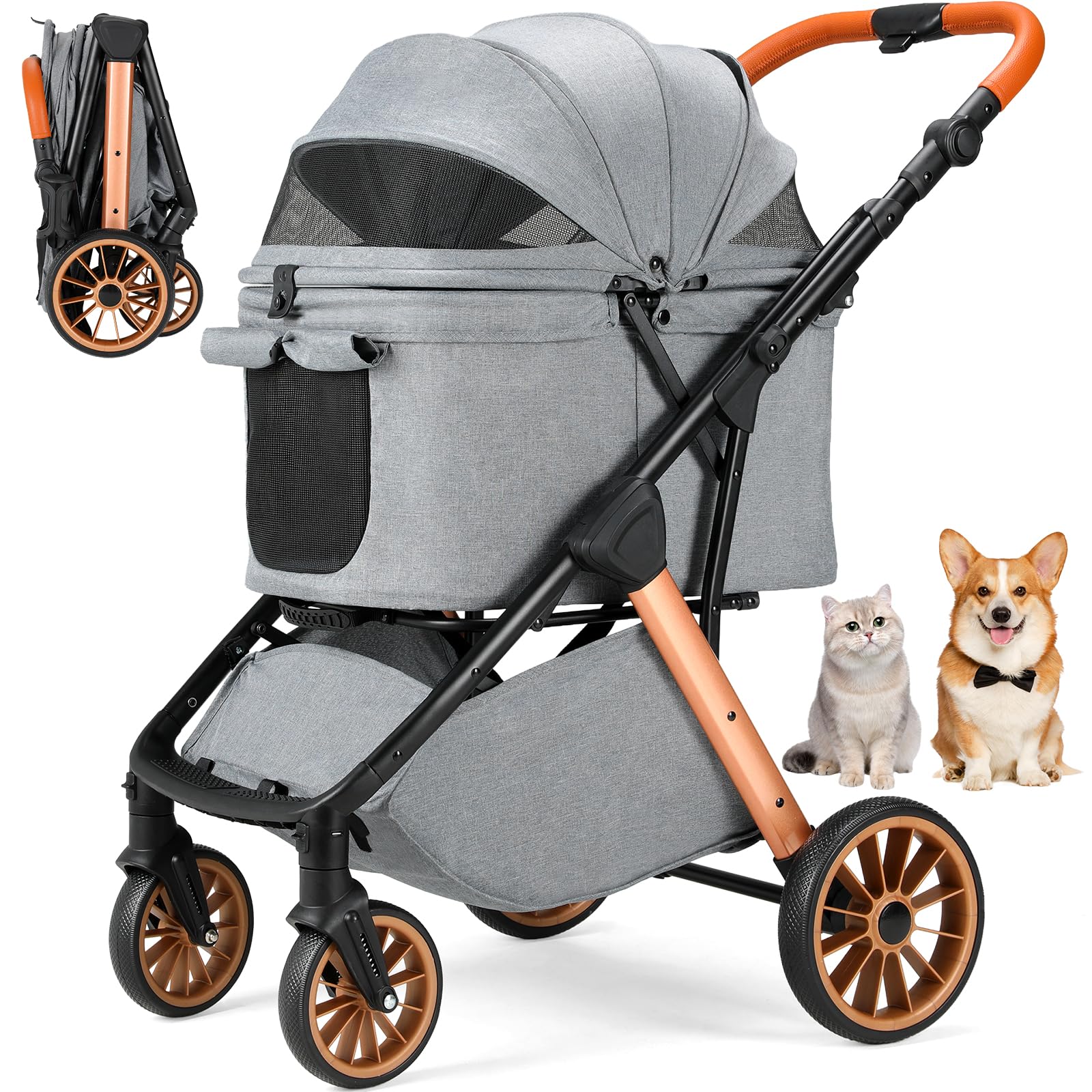 MAMIZO One-Touch Passeggino per cani, Passeggino pieghevole gatti, fino a 25 kg, Telaio Alu & acciaio carbonio,Maniglione regolabile in altezza,Portabicchieri,4 PCS ruote,per cani e gatti,Grigio scuro
