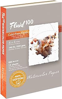 Fluid 100 Artist Watercolor Block, 140 lb (300 GSM) 100% Cotton Cold Press Pad for Watercolor Painting and Wet Media w/Easy Block Binding, 4 x 6 inches, 15 Sheets