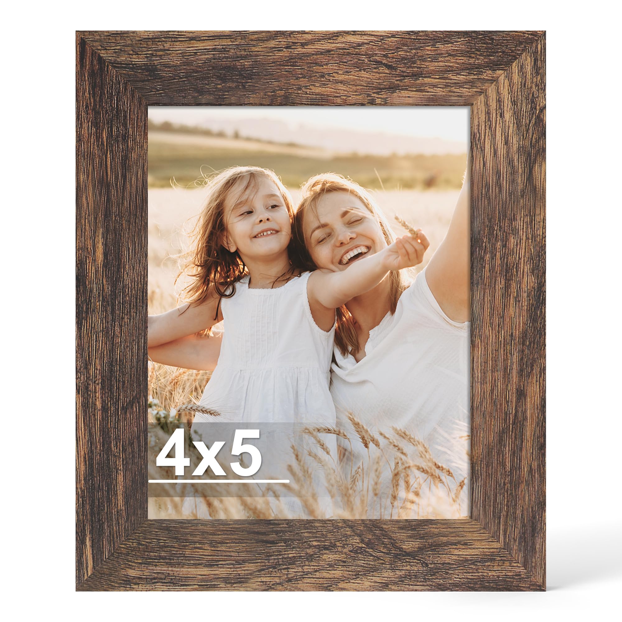 Photo 1 of Hongkee 4x5 Picture Frame, Made of Real Glass and Wooden Frame, Horizontal and Vertical Display for Wall or Tabletop (Rustic Brown, 1 Pack)