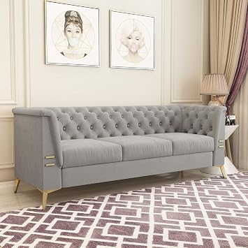 82" Velvet Sofa with Metal Legs for Living Room and Bedroom Light Grey