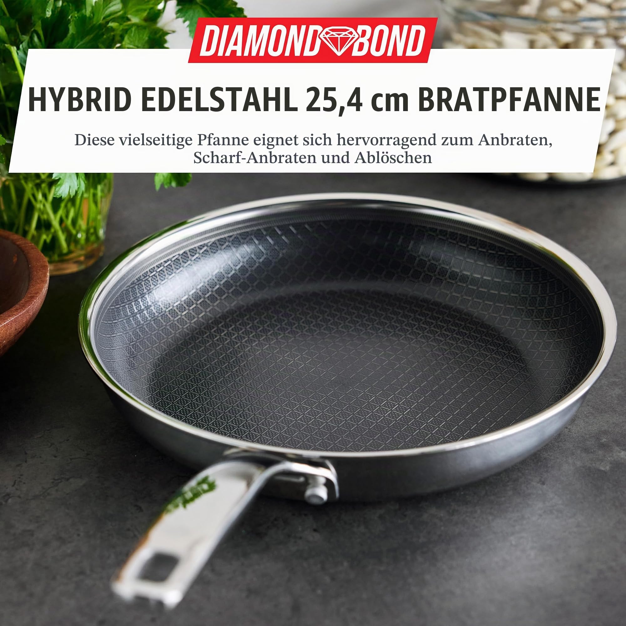 Blue Diamond Hybrid Antihaft-Edelstahl-Pfanne, 28 cm, PFAS-freie Keramikpfanne,Diamond Bond für kraftvolles Anbraten,Eier- und Omelettpfanne,spülmaschinenfest,kühler Griff,Induktion,für alle Herdarten