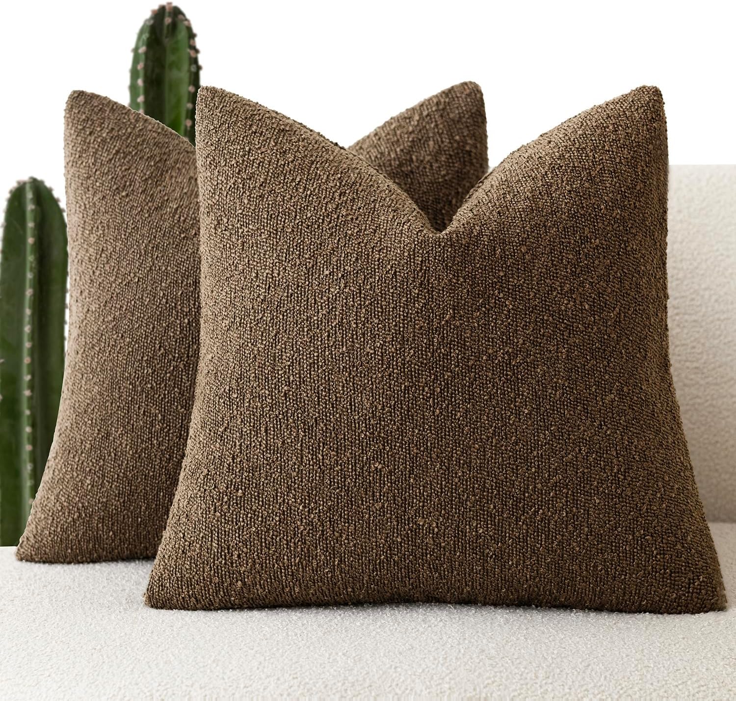 Foindtower Set of 2, Decorative Textured Boucle Throw Pillow Covers Accent Solid Pillow Cases Neutral Soft Couch Cushion Case for Chair Sofa Bedroom Living Room Home Decor 24x24Inch Chocolate