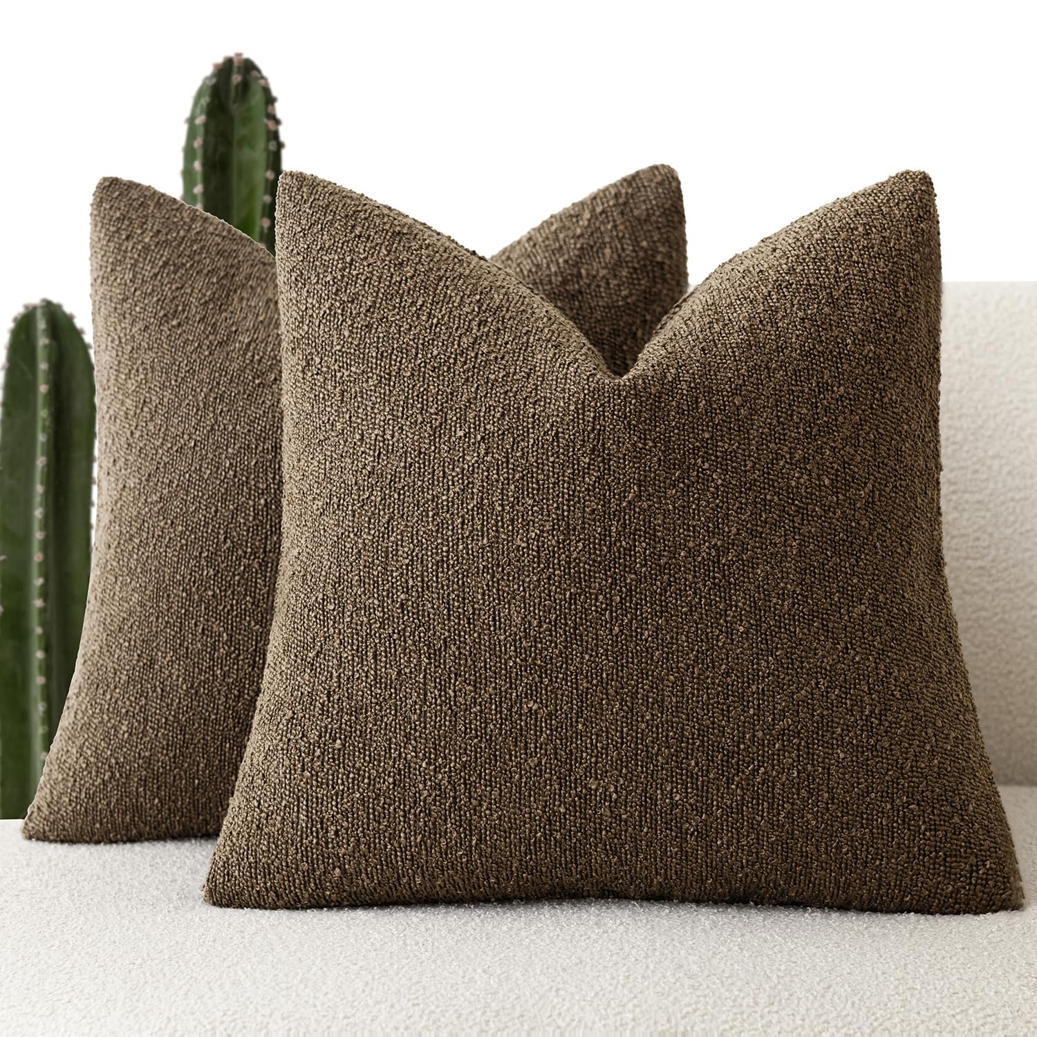 Foindtower Pack of 2 Textured Boucle Throw Pillow Covers Accent Solid Decorative Pillow Cases Cozy Woven Couch Cushion Case for Sofa Bedroom Living Room Home Decor 20x20 Inch Chocolate
