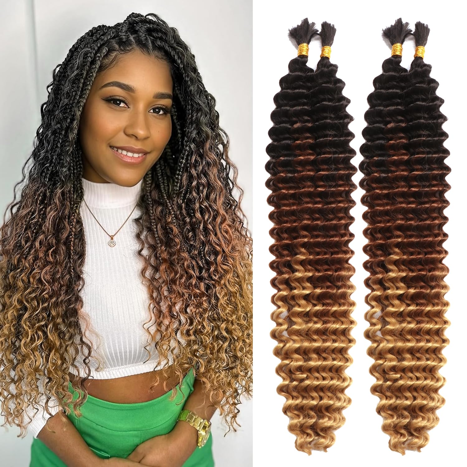 Bohemian Braiding Hair 2 Bundles 200g Deep Wave Bulk Hair for Braiding No Weft Hair Curls for Boho Braids Wet and Wavy Curly Bundles for Braiding Hair Extensions (T1B/30/27#
