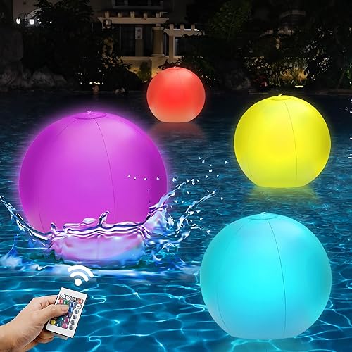 4 Pack 16" LED Light Up Beach Ball, Glow-in-the-Dark Inflatable Pool Toys, Floating Pool Lights Waterproof IP68 with 16 Colors,4 Lighting Modes,
