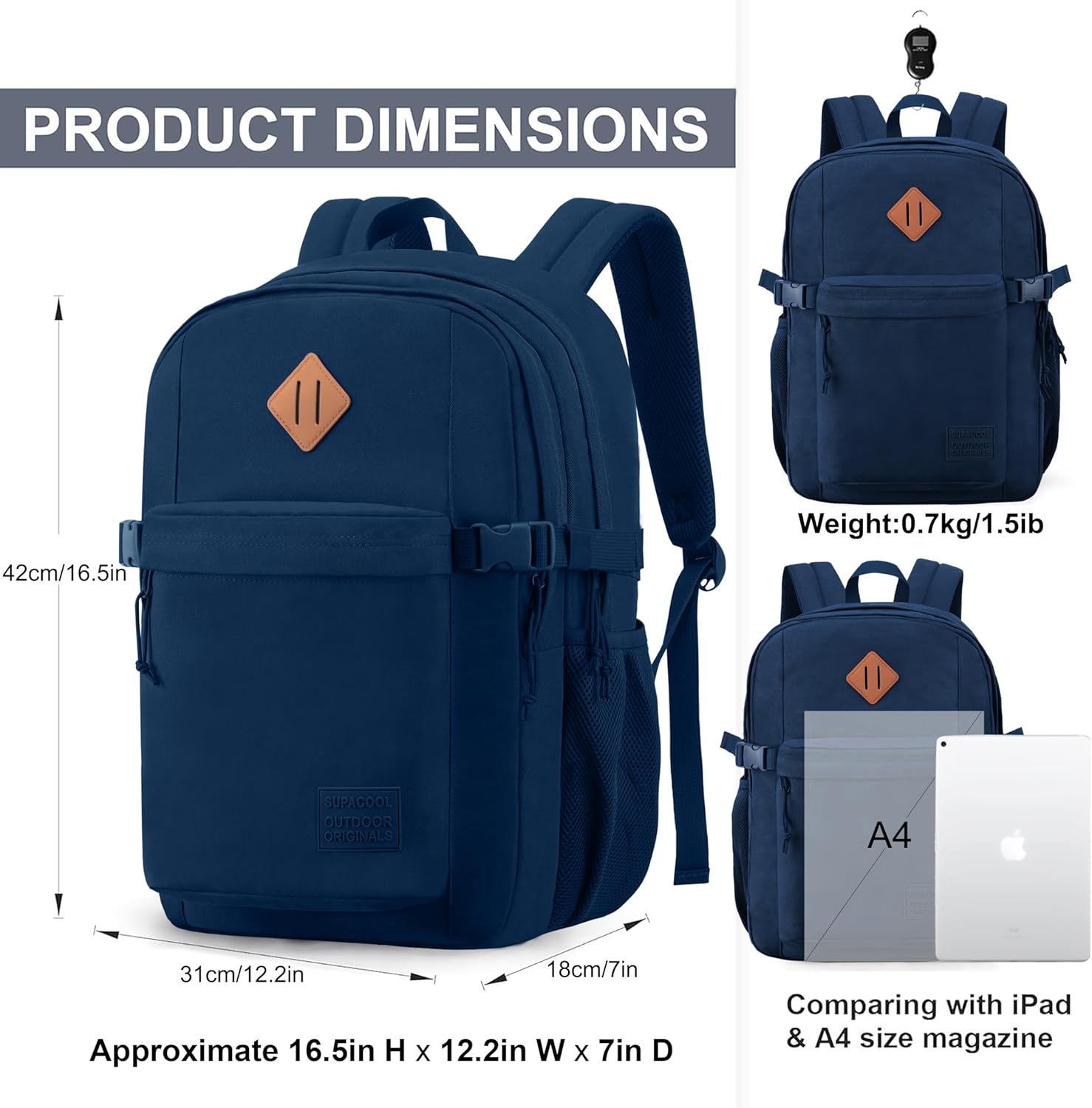 SUPACOOL Casual Backpack For School, Classical Travel Backpack for Men and Women, Bookbag for Boys, Girls and Kids, Laptop Compartment(Blue)
