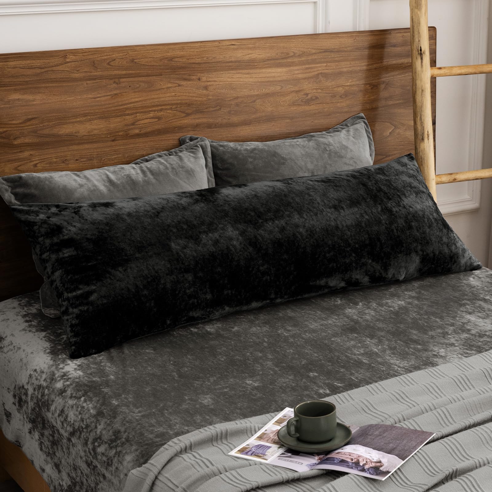 phf truly velvet zippered body pillowcase, no insert, 1 pack ultra soft breathable pillow sham cover with zipper, 20"x 54" long luxury cozy warm fuzzy flannel body pillow case, black