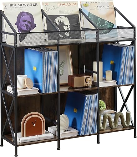 Estante de almacenamiento de discos de vinilo de 9 rejillas, mesa de exhibición de discos de madera para revistas, archivos, álbumes, libros para