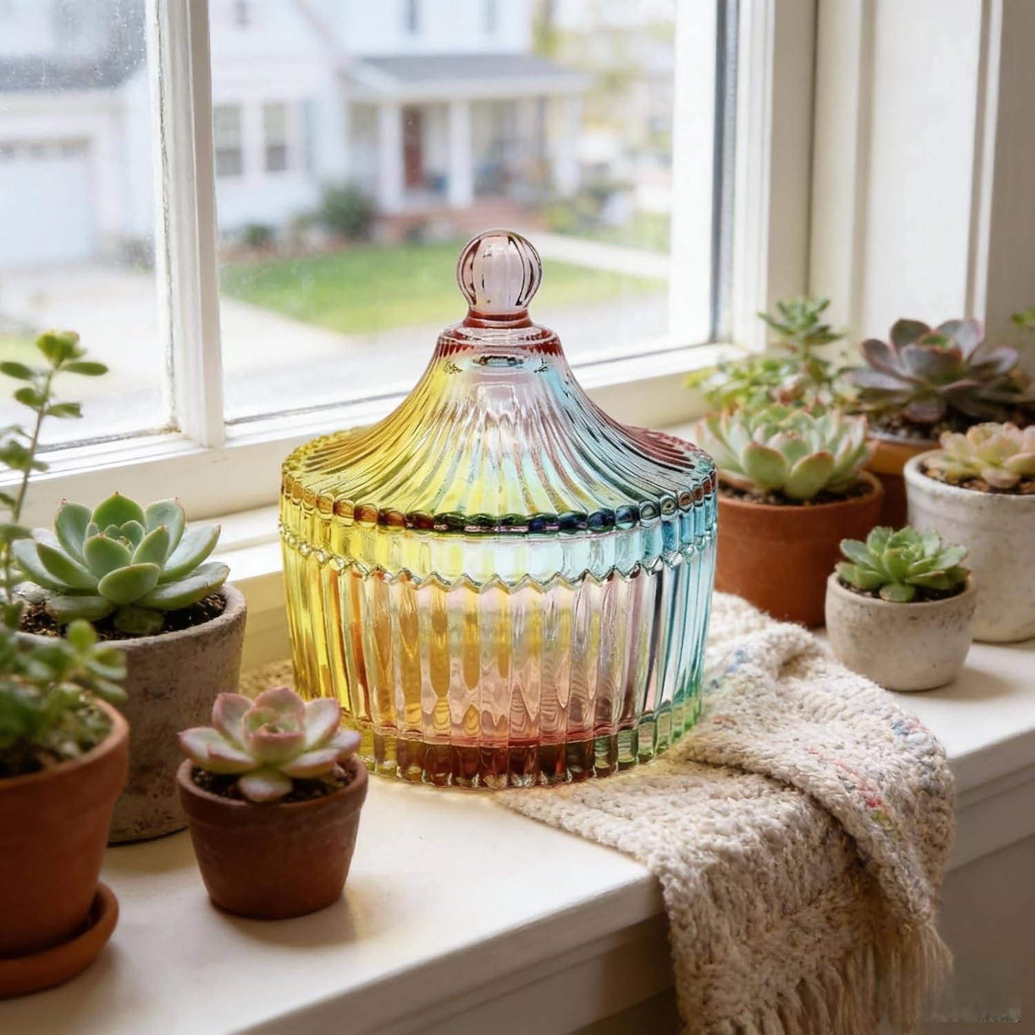 Rainbow Iridescent Glass Candy Jar with Lid, Ribbed Decorative Storage Container, Cleansing Jewelry Box, 5in Height, 4.1in Width
