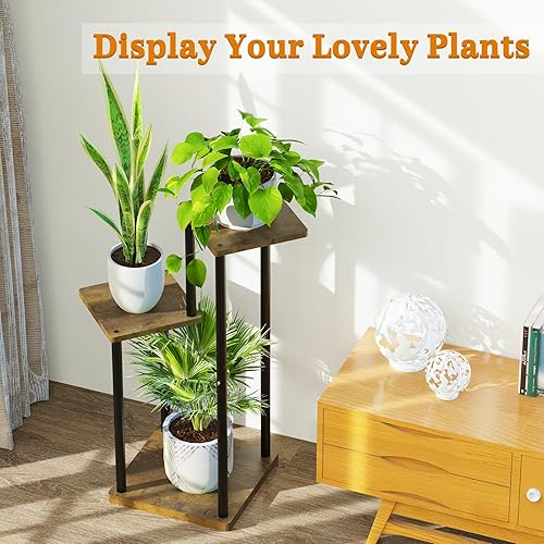 Miniatura 6 de Soporte para plantas de 3 niveles para interiores, soporte de esquina de metal de madera escalonada, soporte para macetas, estante de madera para