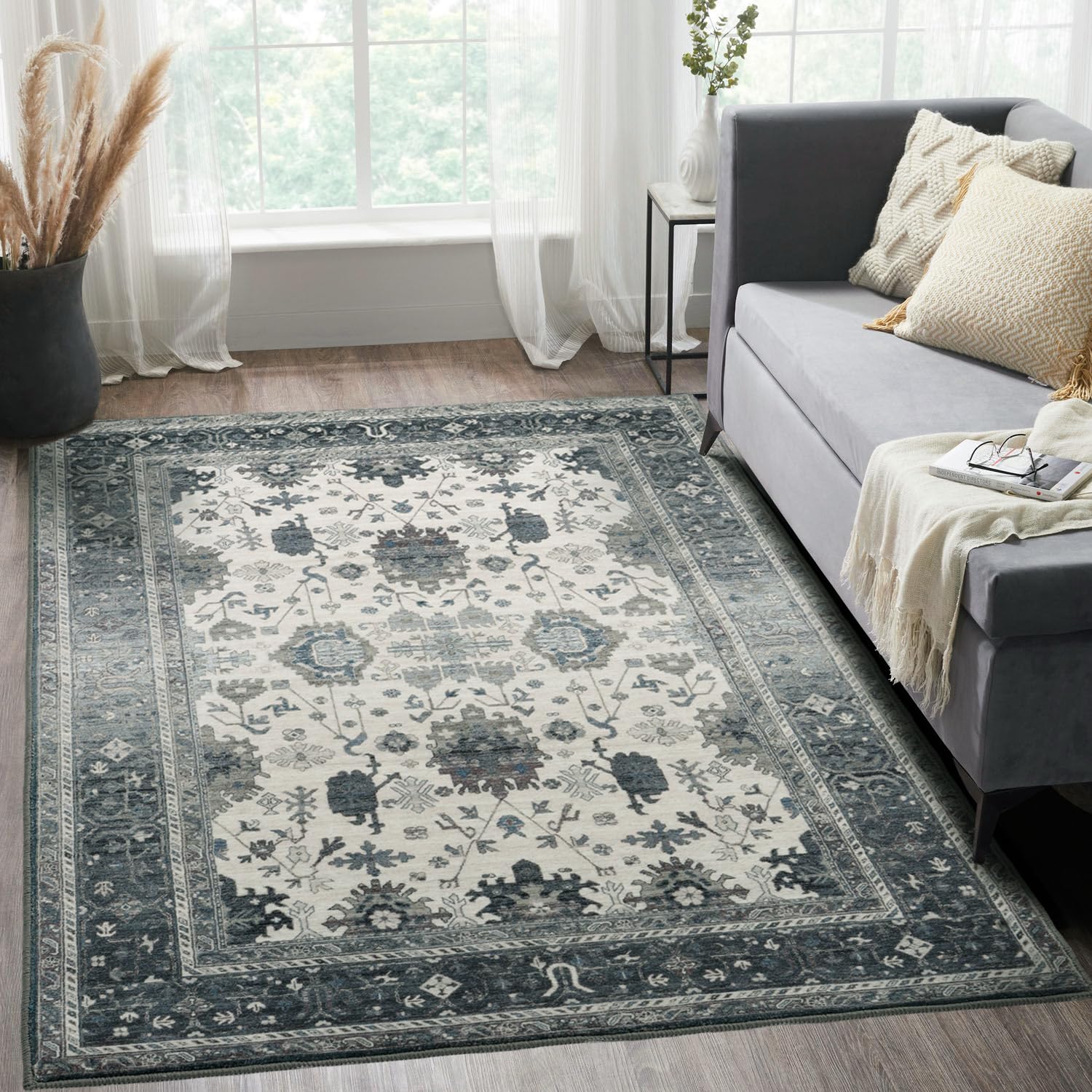 CHICHIC Area Rug 5x7 Washable Large Bedroom Rug Boho Area Rugs Accent Non-Slip Rugs Soft Vintage Floor Carpet for Living Room Dining Room Nursery Laundry Room Office, Gray-Green